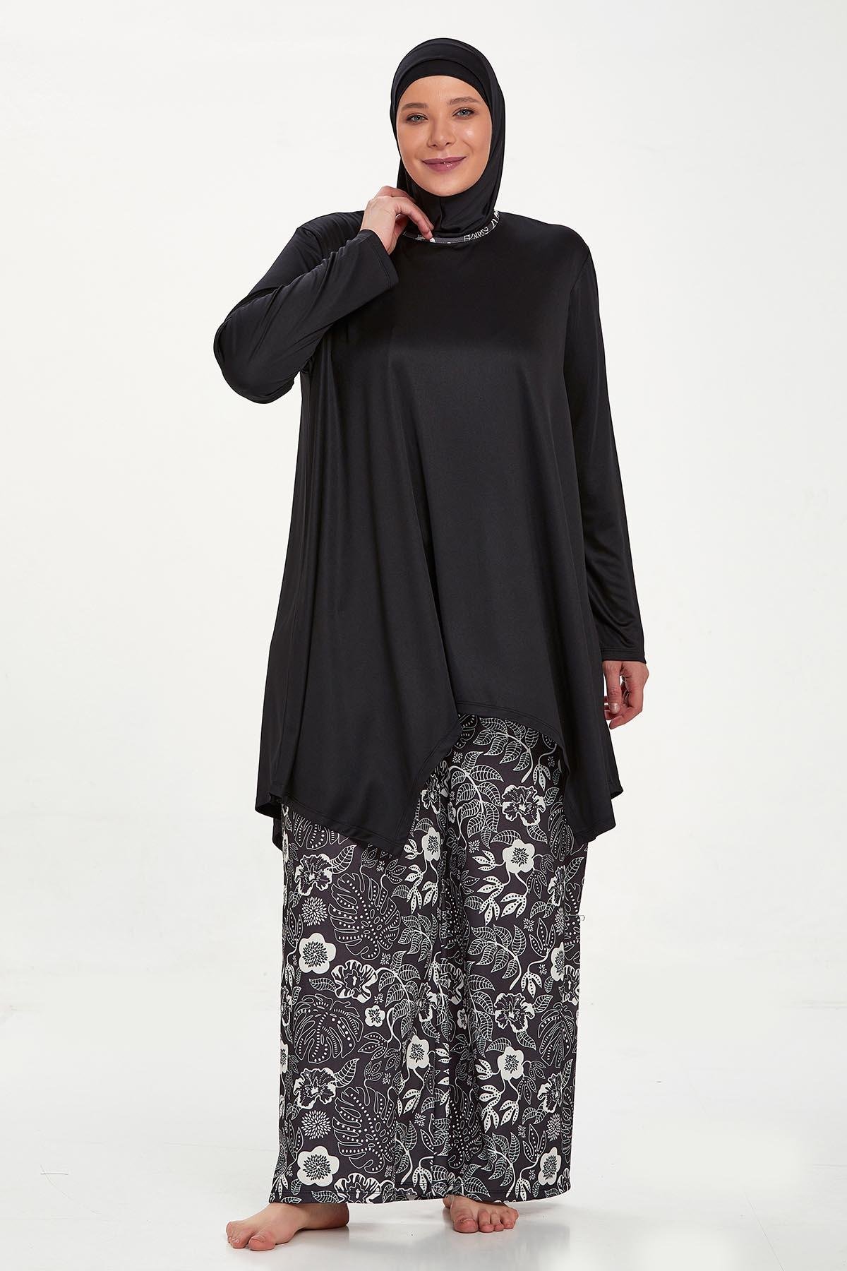 Büyük Beden Likralı Tam Kapalı Tesettür Mayo Bol Paça Rozamay Dorothy 9242 Siyah