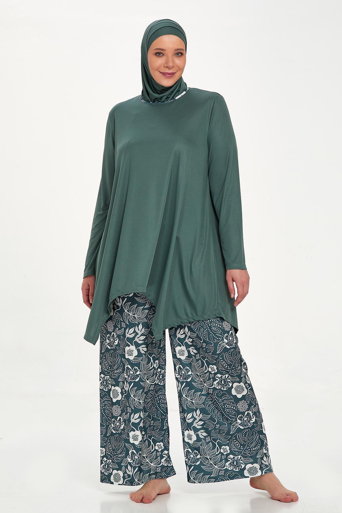 Büyük Beden Likralı Tam Kapalı Tesettür Mayo Bol Paça Rozamay Dorothy 9242 Haki