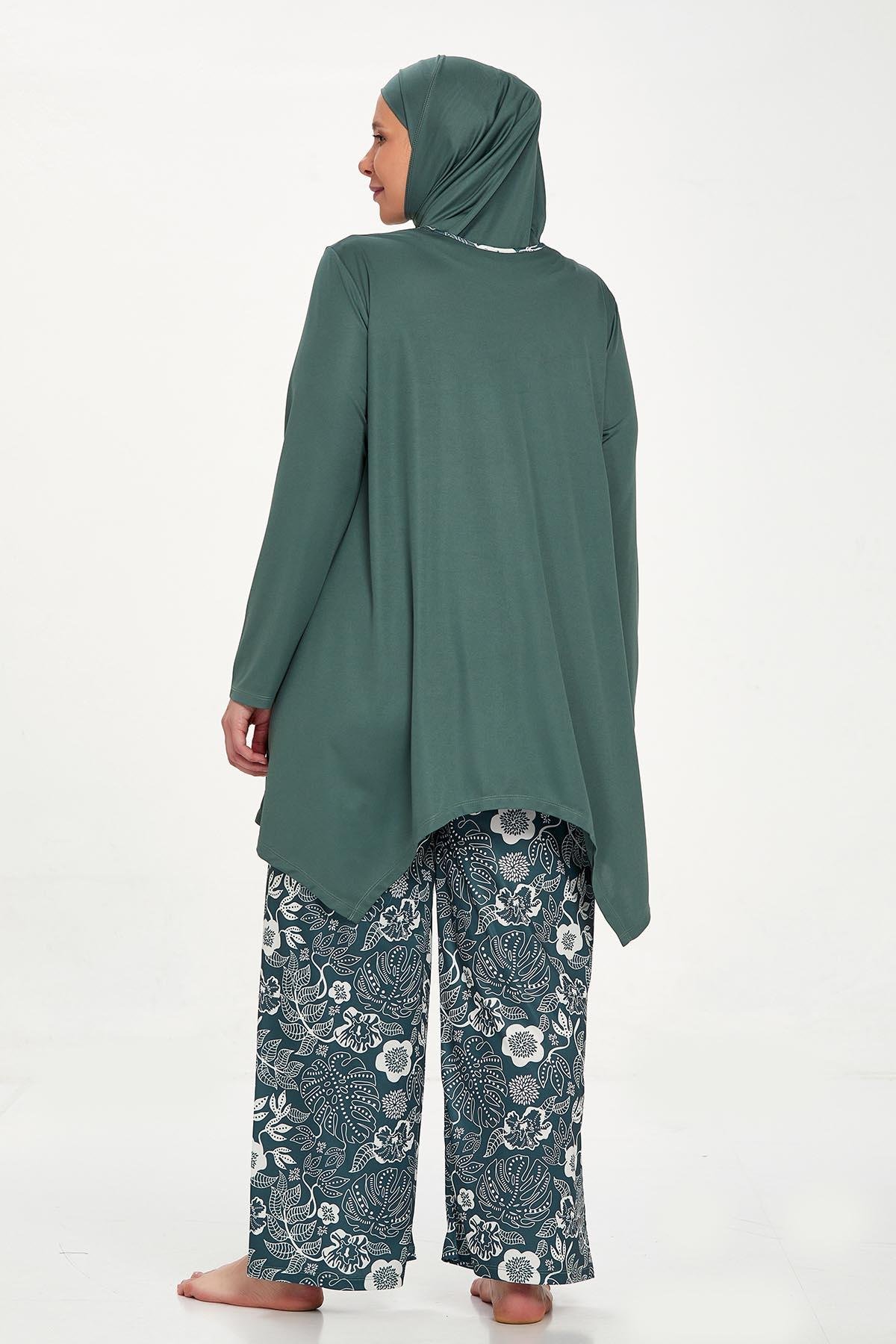 Büyük Beden Likralı Tam Kapalı Tesettür Mayo Bol Paça Rozamay Dorothy 9242 Haki