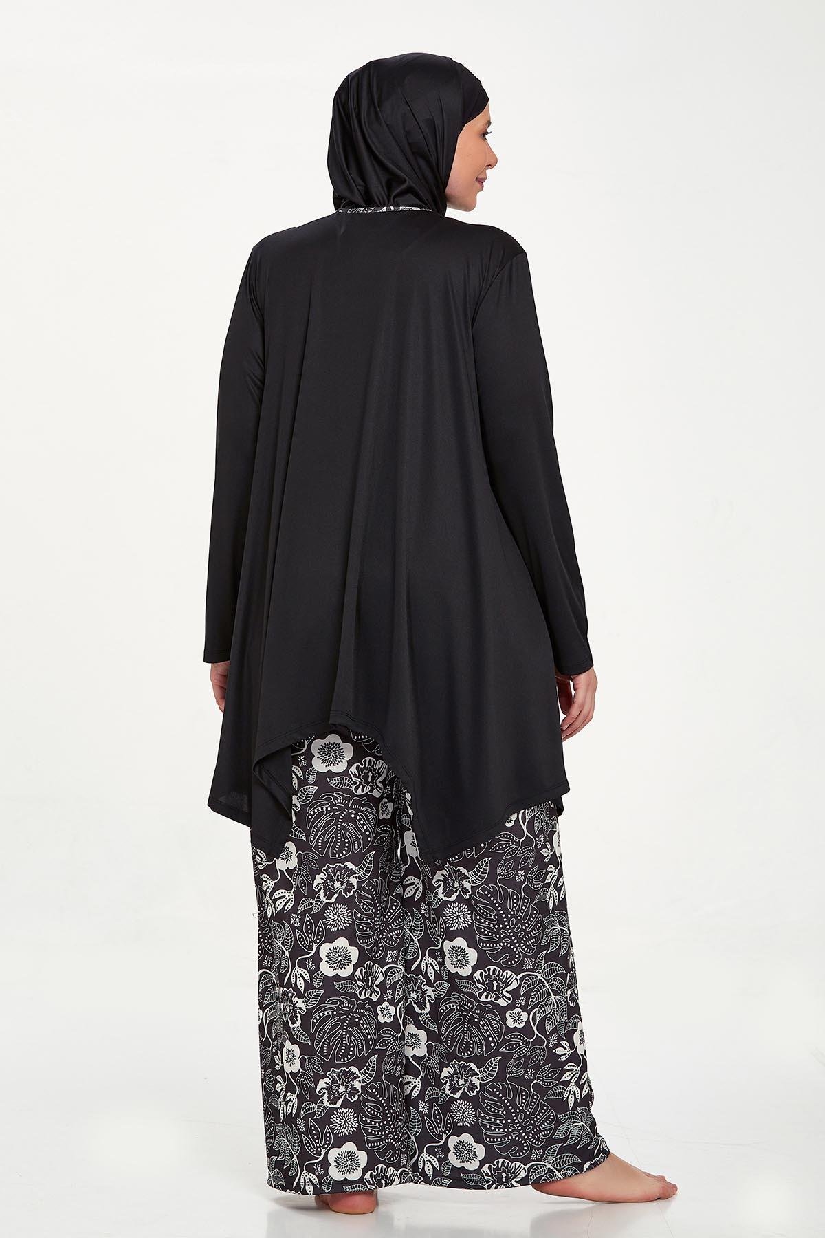 Büyük Beden Likralı Tam Kapalı Tesettür Mayo Bol Paça Rozamay Dorothy 9242 Siyah