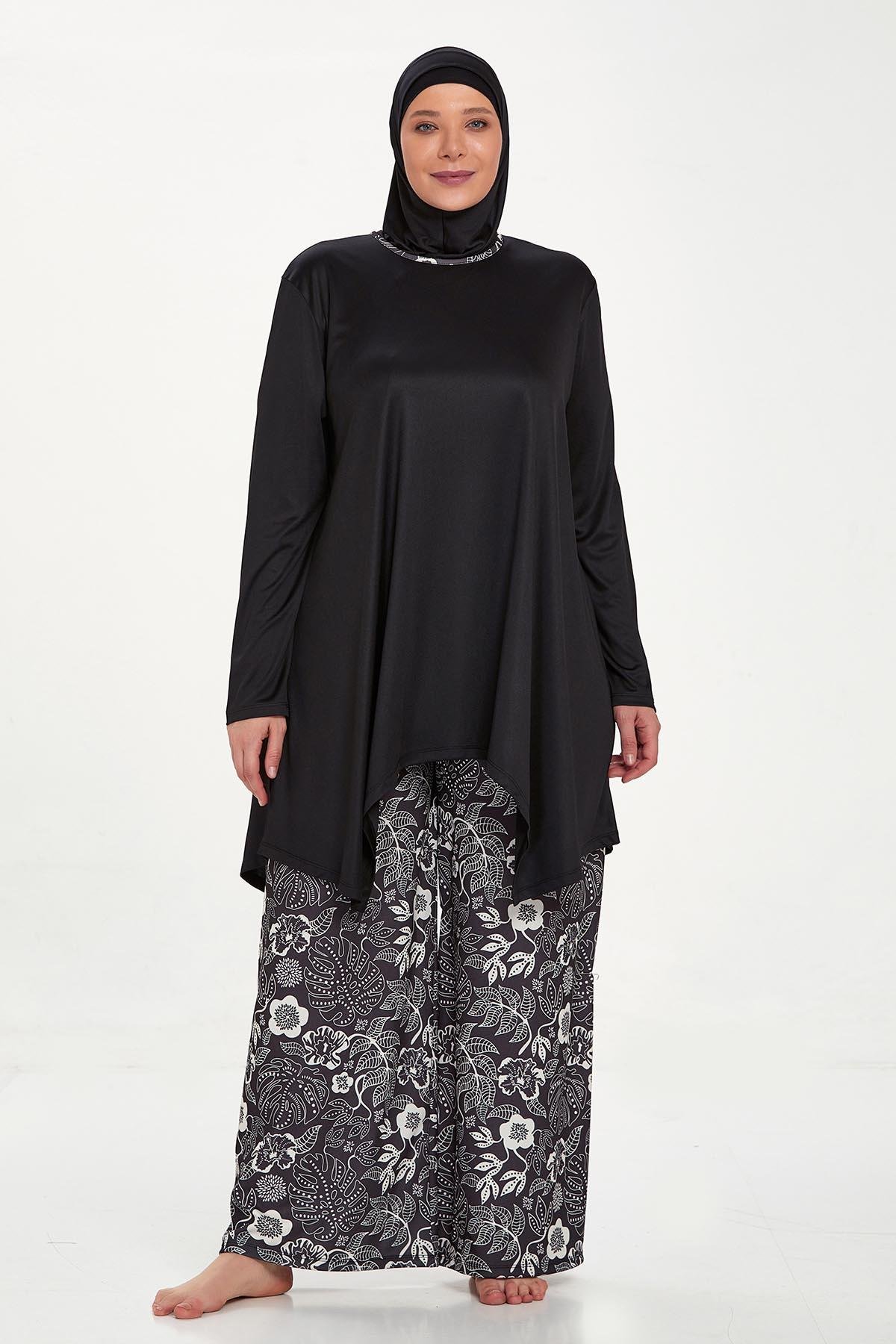 Büyük Beden Likralı Tam Kapalı Tesettür Mayo Bol Paça Rozamay Dorothy 9242 Siyah
