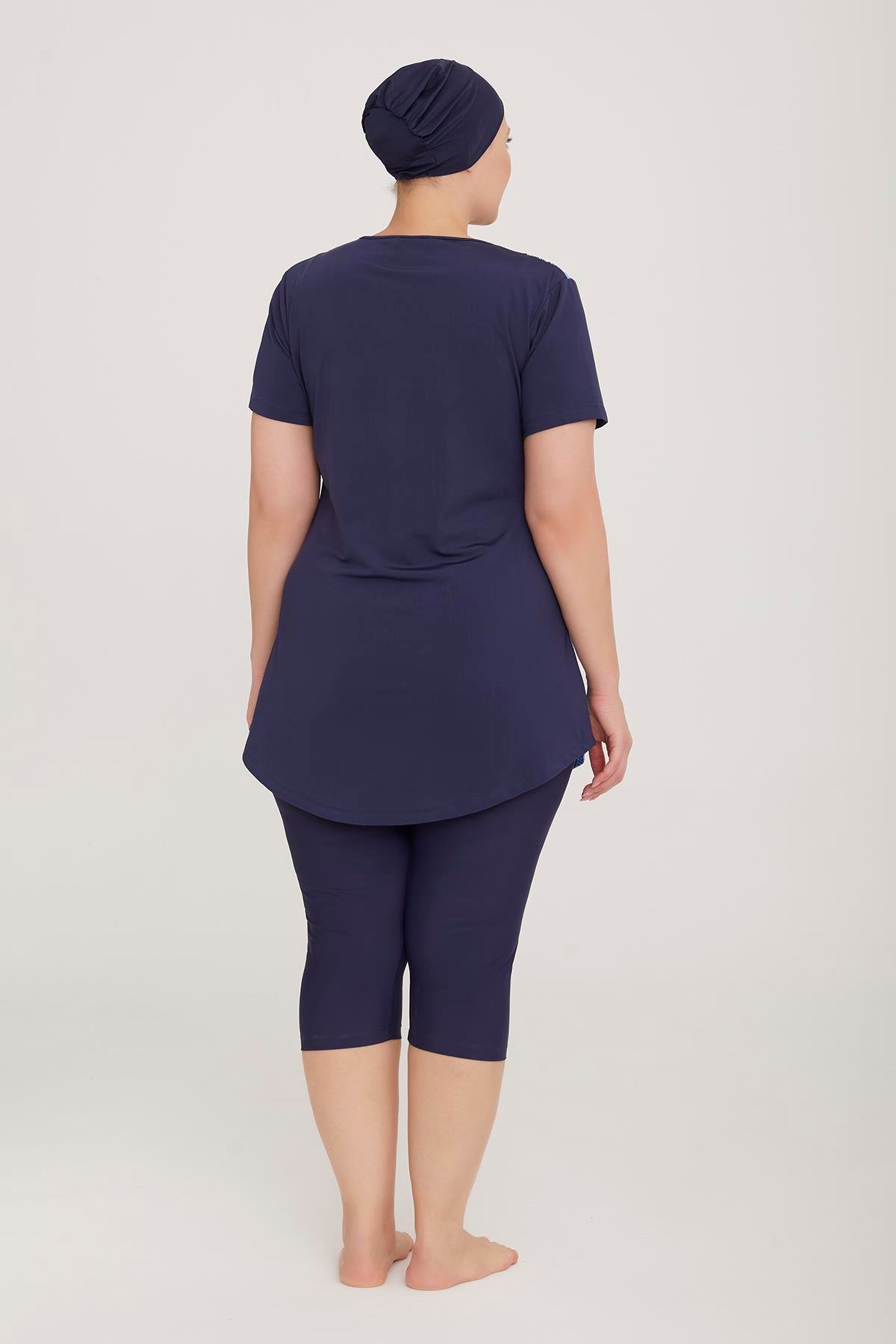 Büyük Beden Likralı Yarı Kapalı Tesettür Mayo Rıbbo 2 3919 Koyu Lacivert Remsa Mayo