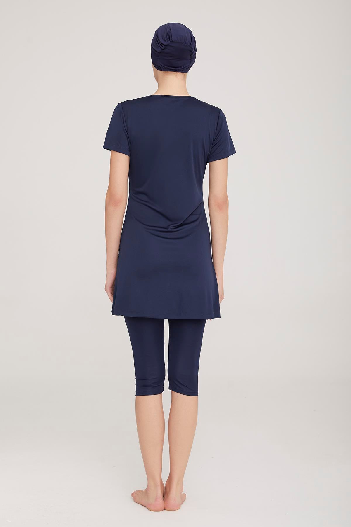 Büyük Beden Likralı Yarı Kapalı Tesettür Mayo Margarıt 9091 Koyu Lacivert Remsa Mayo