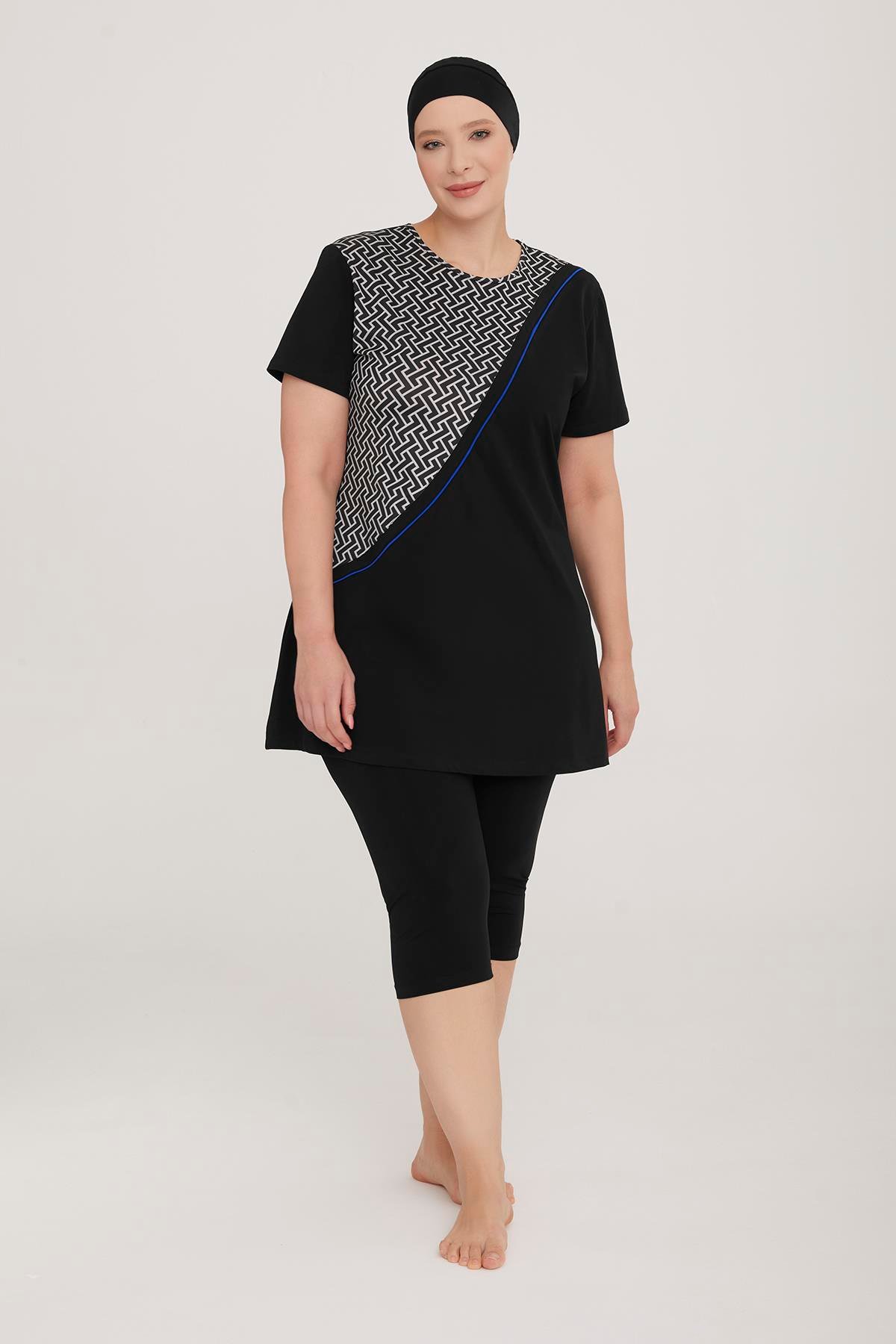 Büyük Beden Likralı Yarı Kapalı Tesettür Mayo Jerry 3917 Siyah Remsa Mayo