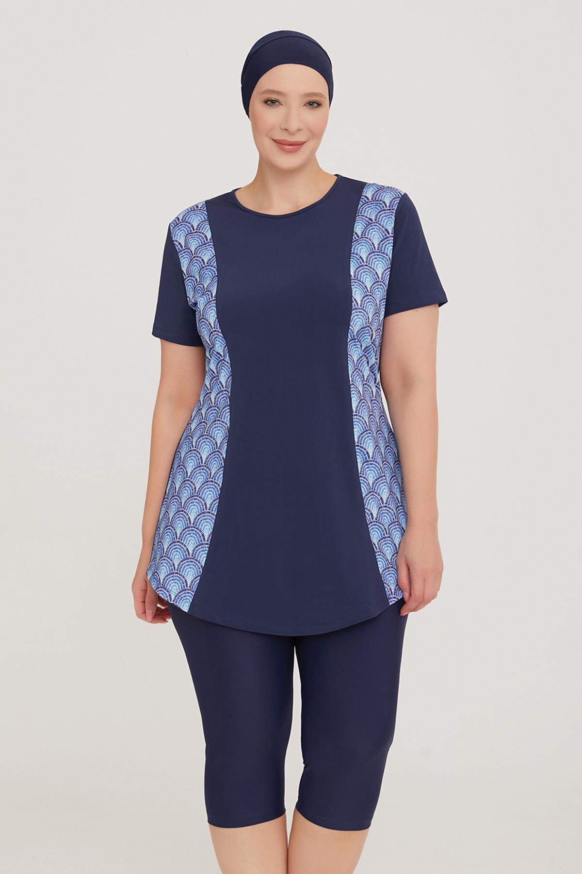 Büyük Beden Likralı Yarı Kapalı Tesettür Mayo Rıbbo 2 3919 Koyu Lacivert Remsa Mayo