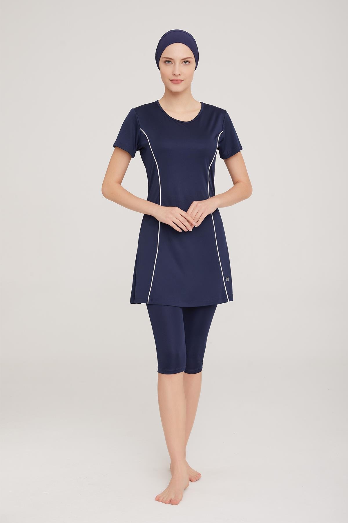 Büyük Beden Likralı Yarı Kapalı Tesettür Mayo Margarıt 9091 Koyu Lacivert Remsa Mayo