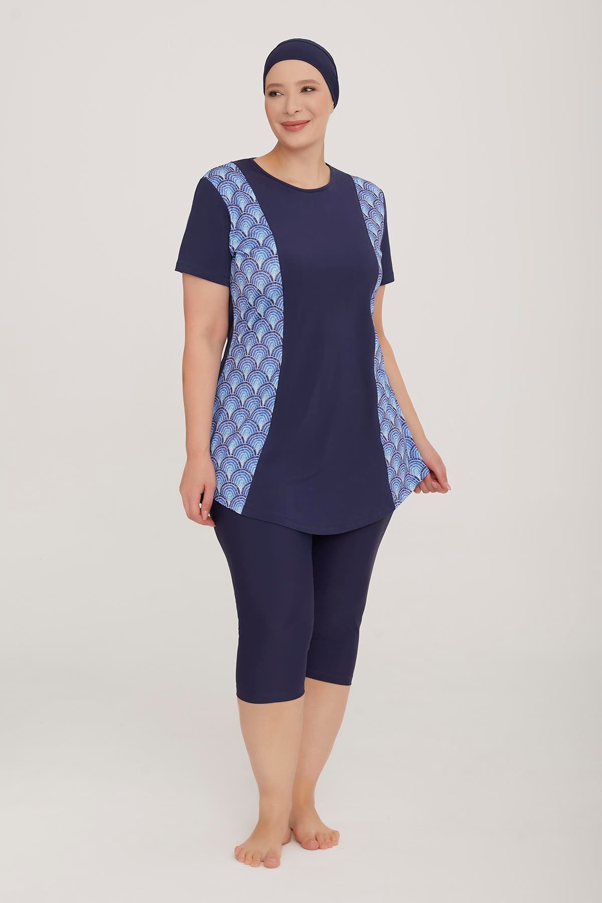 Büyük Beden Likralı Yarı Kapalı Tesettür Mayo Rıbbo 2 3919 Koyu Lacivert Remsa Mayo