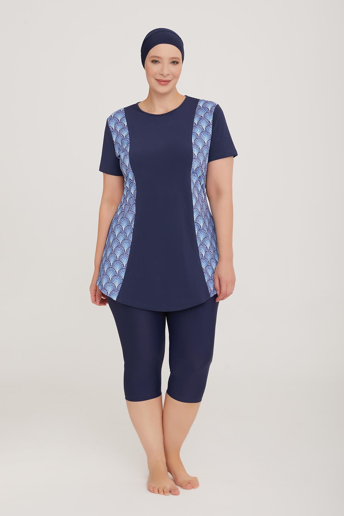 Büyük Beden Likralı Yarı Kapalı Tesettür Mayo Rıbbo 2 3919 Koyu Lacivert Remsa Mayo