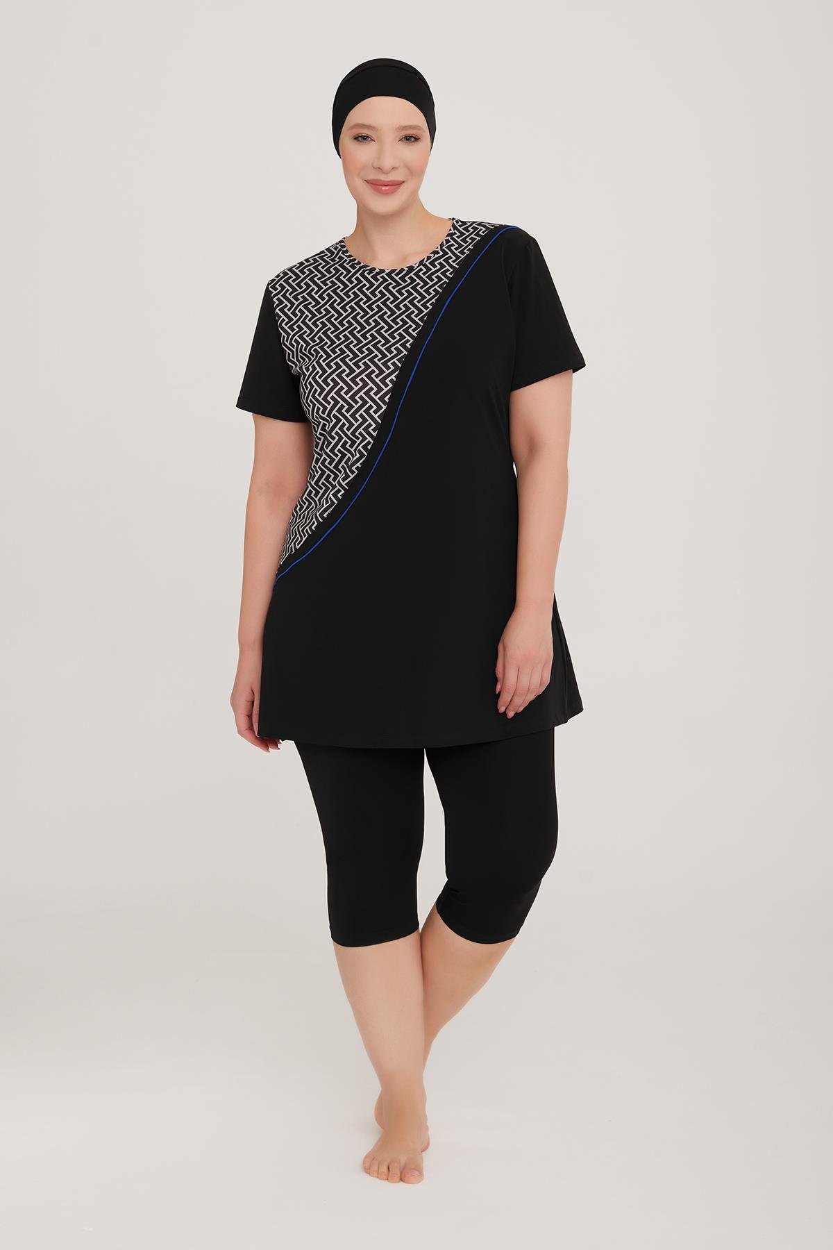 Büyük Beden Likralı Yarı Kapalı Tesettür Mayo Jerry 3917 Siyah Remsa Mayo