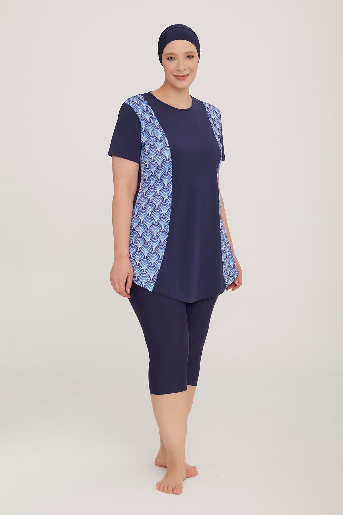 Büyük Beden Likralı Yarı Kapalı Tesettür Mayo Rıbbo 2 3919 Koyu Lacivert Remsa Mayo