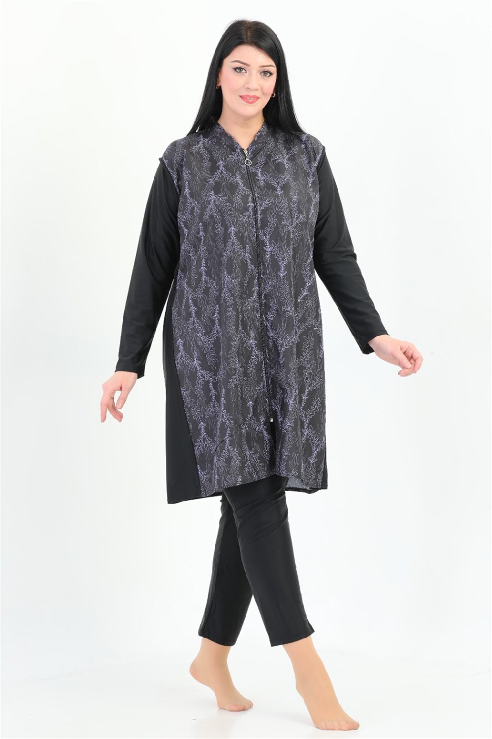 Büyük Beden Tam Kapalı Tesettür Mayo 2350 Aysun Lila Siyah Remsa Mayo