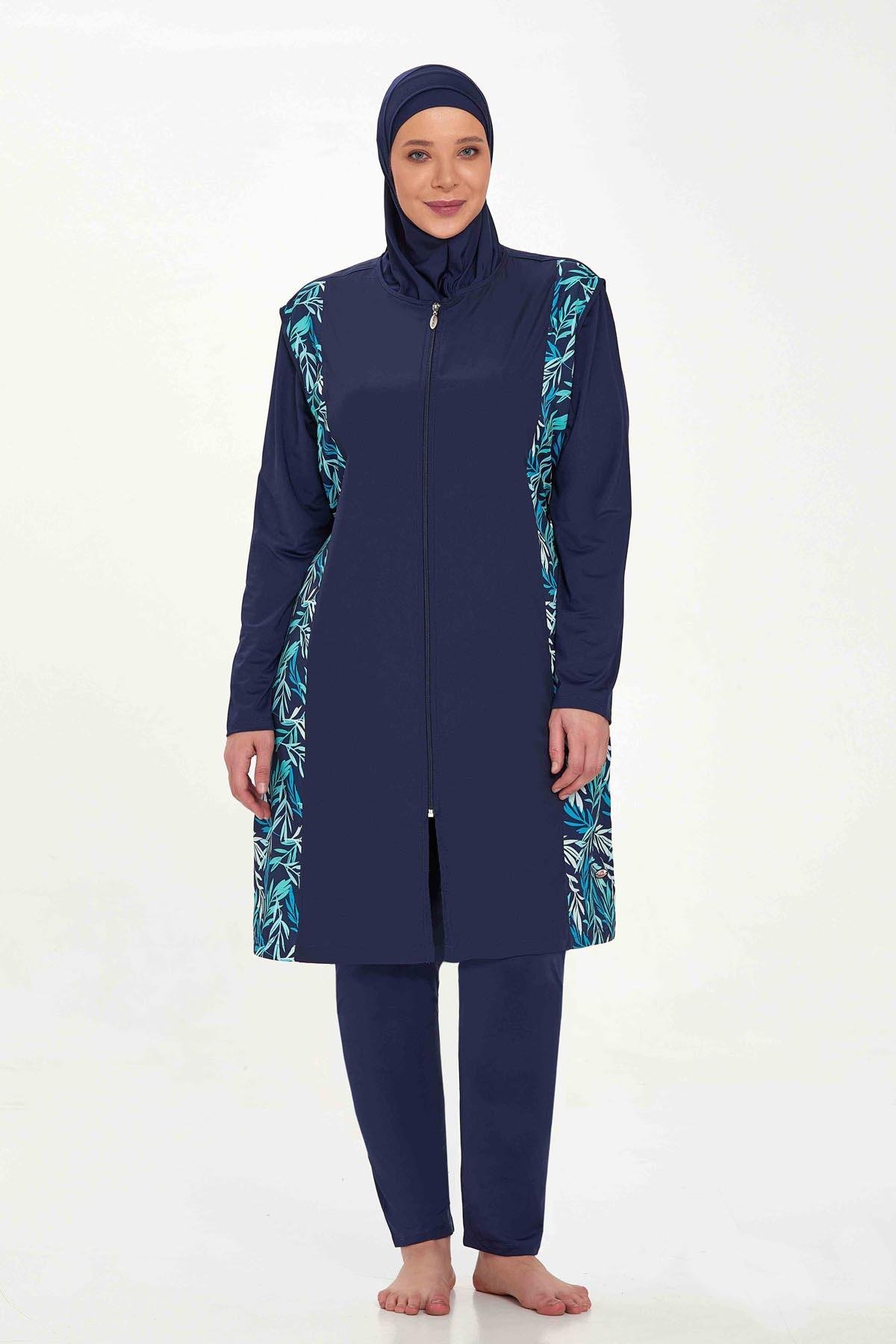 Büyük Beden Tam Kapalı Tesettür Mayo Jewelına Battal 2315 Koyu Lacivert