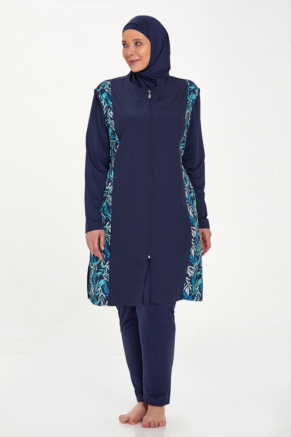 Büyük Beden Tam Kapalı Tesettür Mayo Jewelına Battal 2315 Koyu Lacivert