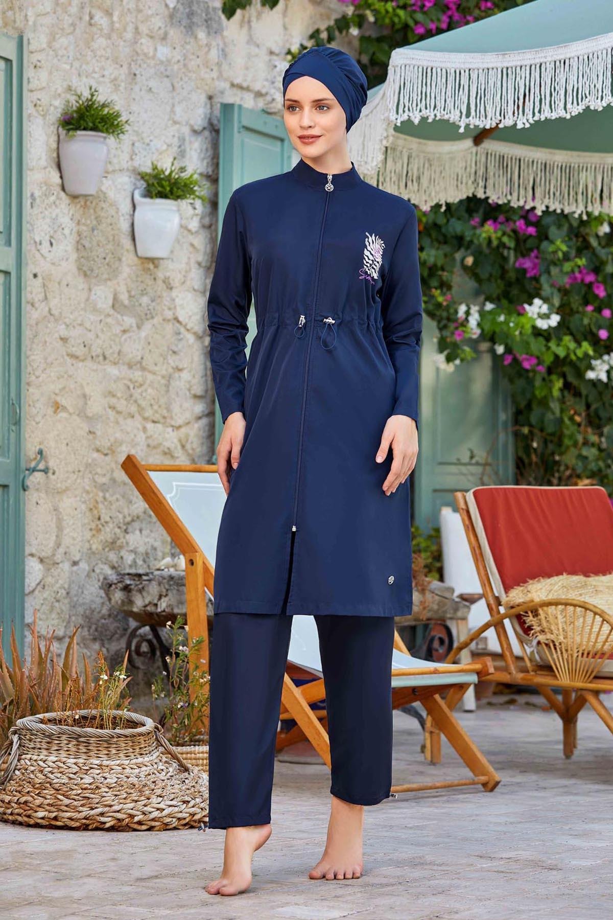 Büyük Beden Tam Kapalı Tesettür Mayo Levy Battal 8287 Koyu Lacivert