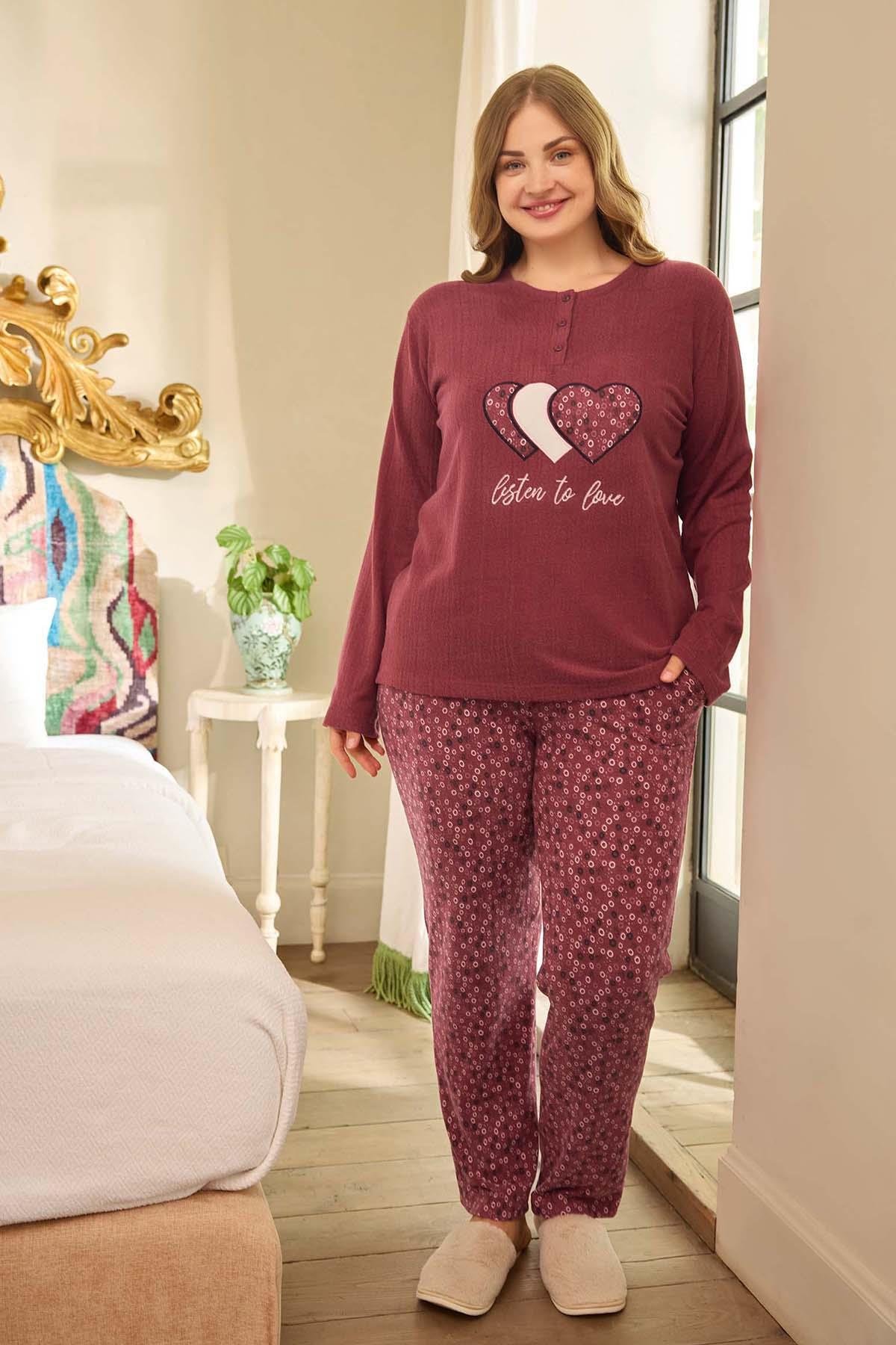 Büyük Beden Termal Kadın Uzun Kol Pijama Takımı 240678 Mürdüm