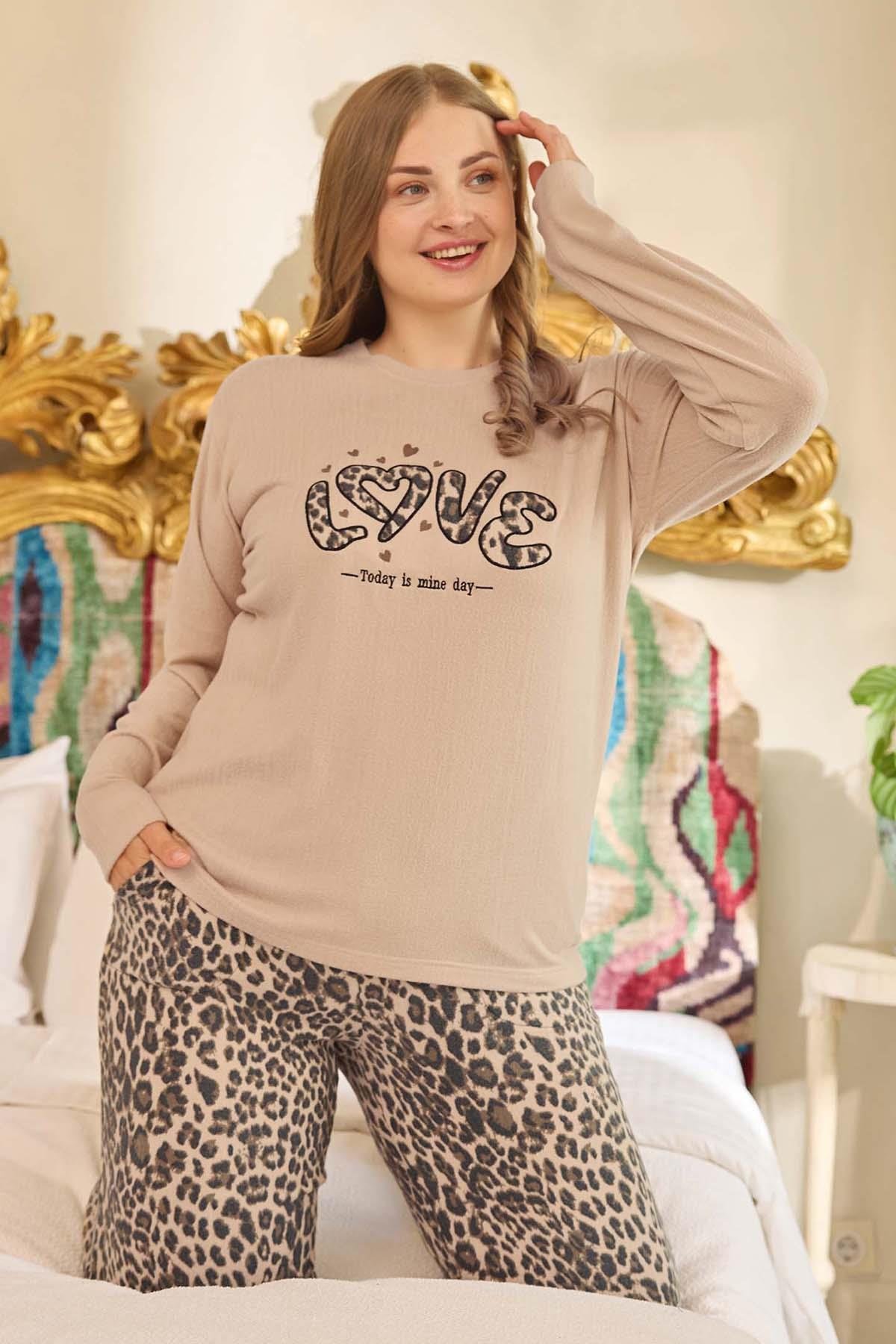 Büyük Beden Termal Kadın Uzun Kol Pijama Takımı 240682 Bej