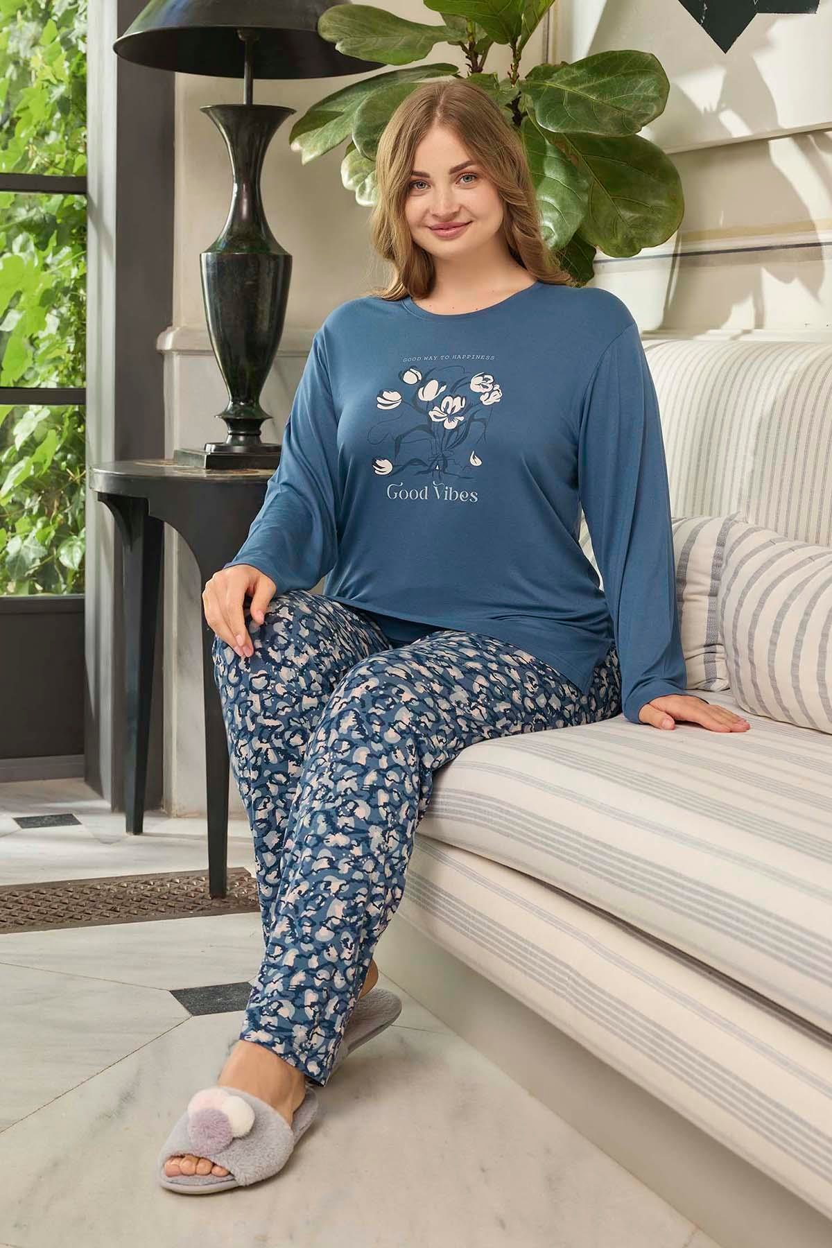 Büyük Beden Viskon Kadın Uzun Kol Pijama Takımı 240660 Mavi