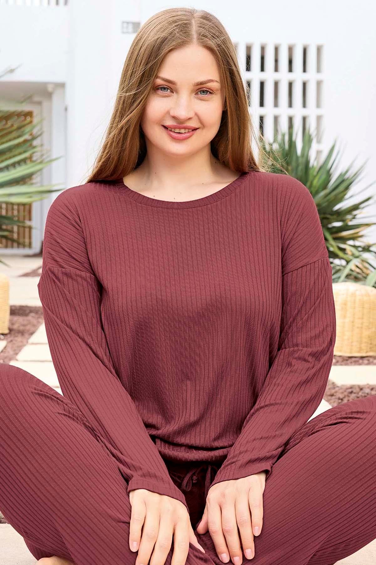 Büyük Beden Viskon Kadın Uzun Kol Pijama Takımı 250470 Mürdüm01