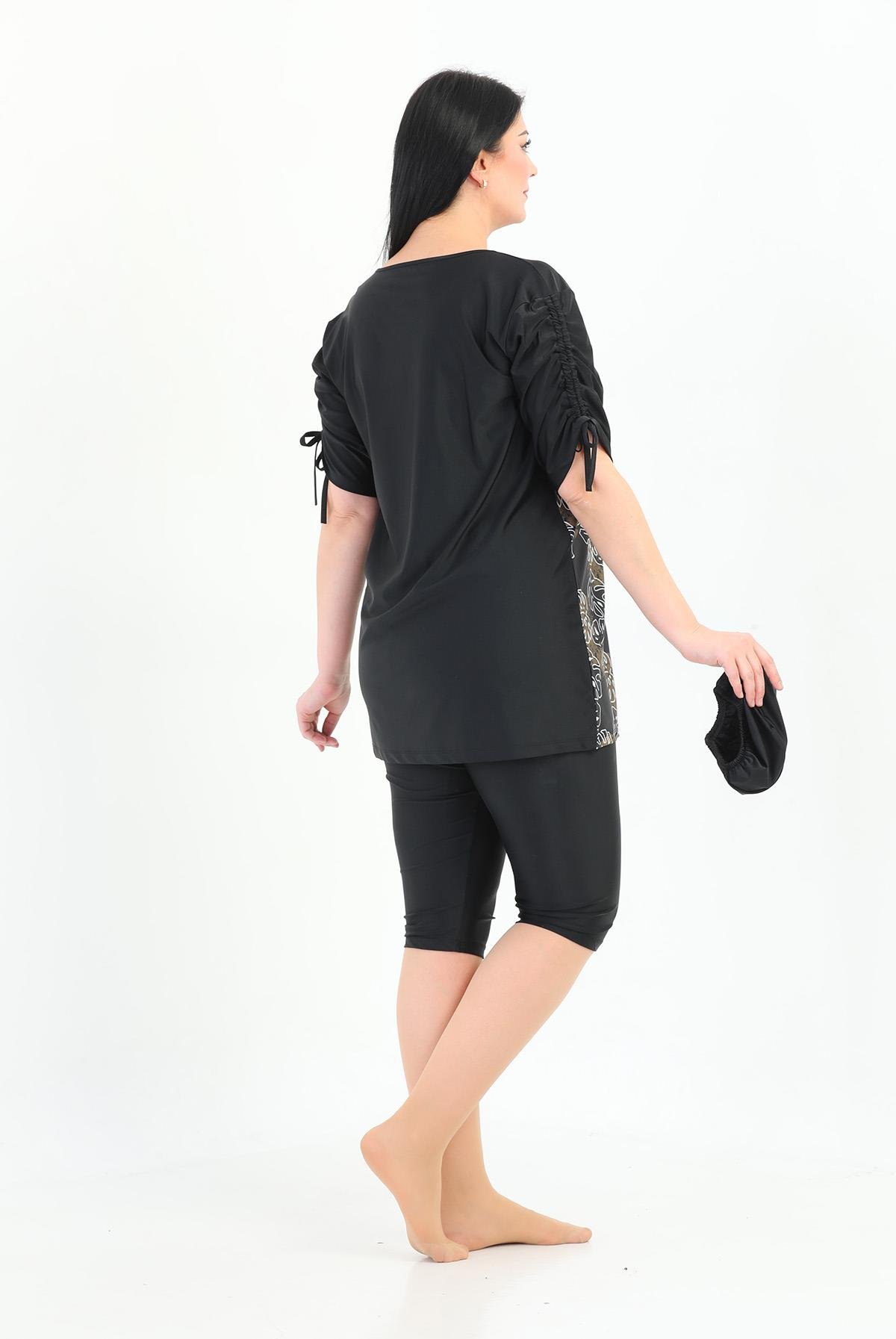 Büyük Beden Yarı Kapalı Tesettür Mayo Kol Detaylı 2311 Aysu Yaprak Siyah Remsa Mayo