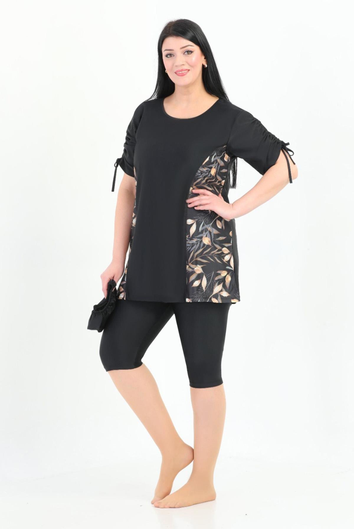 Büyük Beden Yarı Kapalı Tesettür Mayo Kol Detaylı 2311 Aysu Yaprak Siyah Remsa Mayo