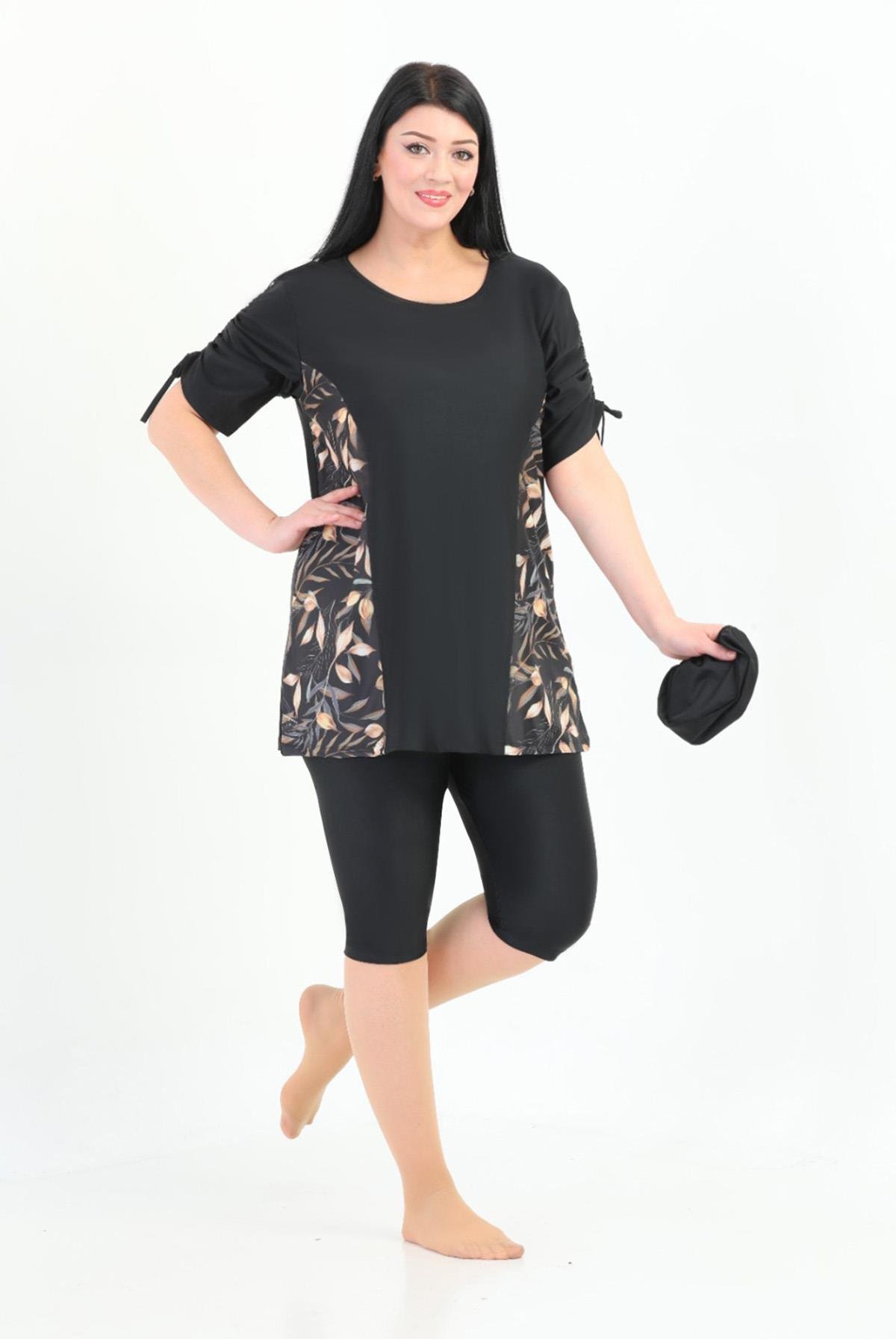 Büyük Beden Yarı Kapalı Tesettür Mayo Kol Detaylı 2311 Aysu Yaprak Siyah Remsa Mayo