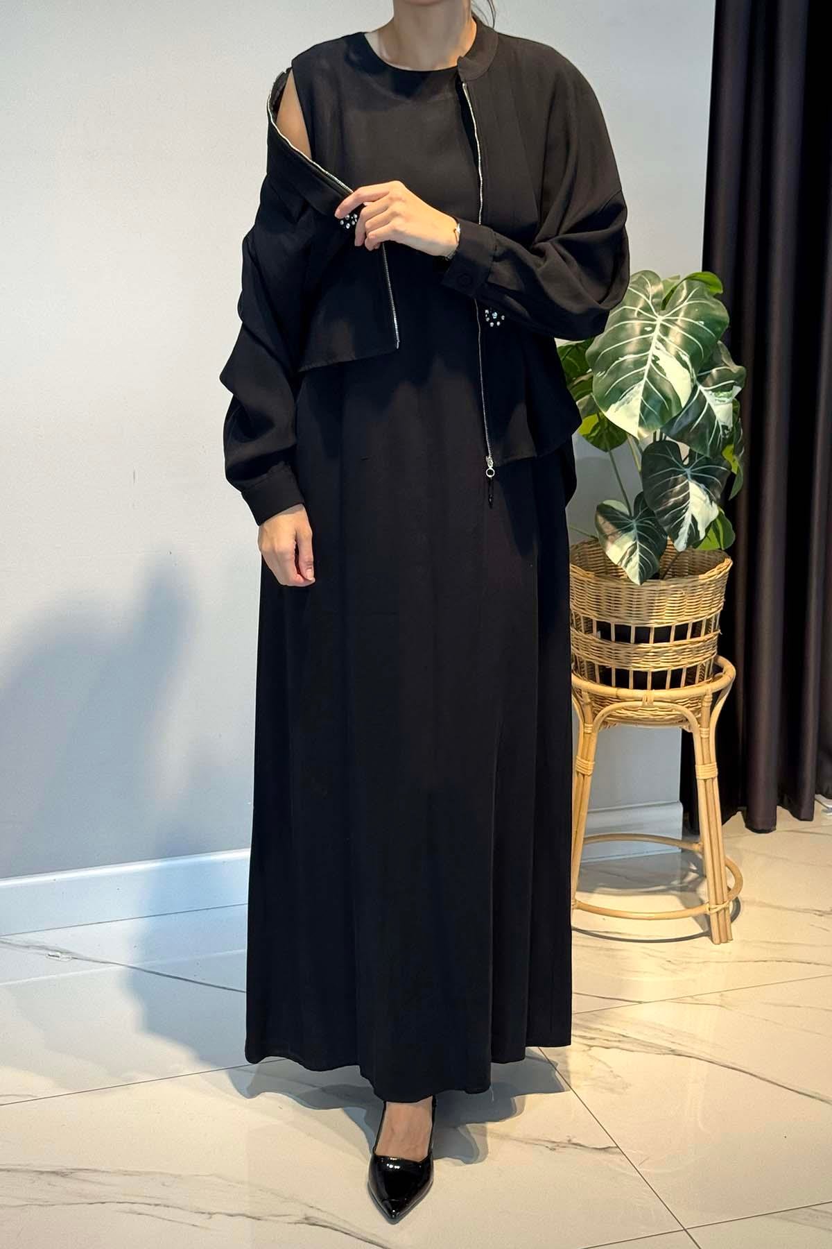 Ceketinin Ön Patı İki Pile İki Çiçek Taş Detay Elbiseli Takım 6944 Siyah