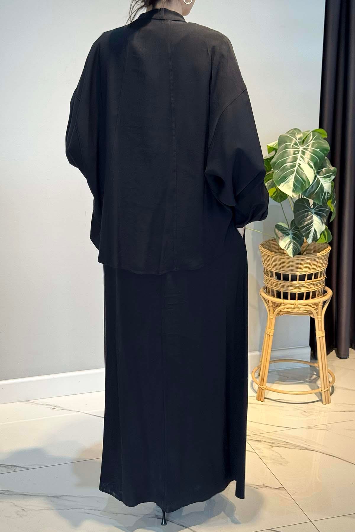 Ceketinin Ön Patı İki Pile İki Çiçek Taş Detay Elbiseli Takım 6944 Siyah