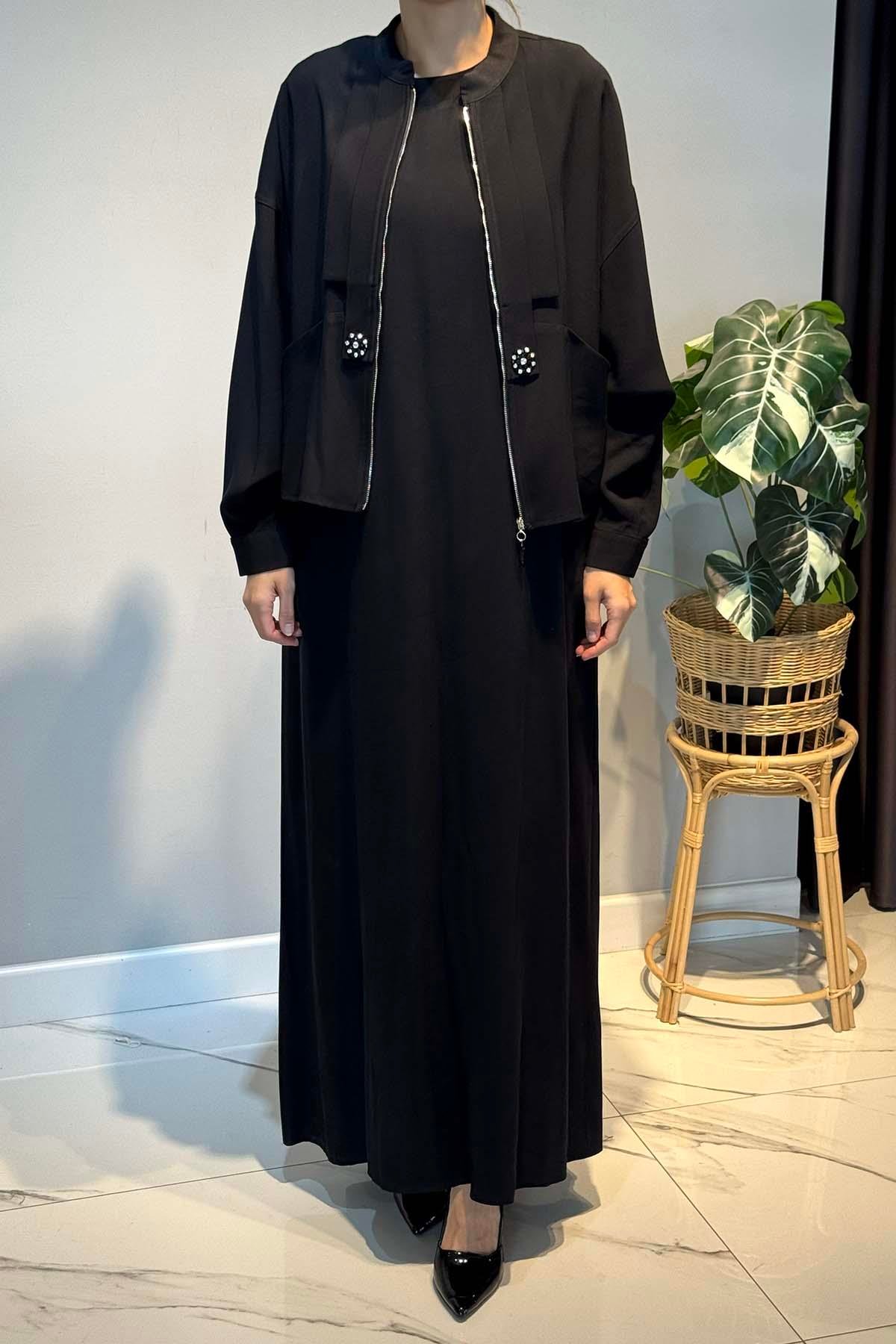 Ceketinin Ön Patı İki Pile İki Çiçek Taş Detay Elbiseli Takım 6944 Siyah