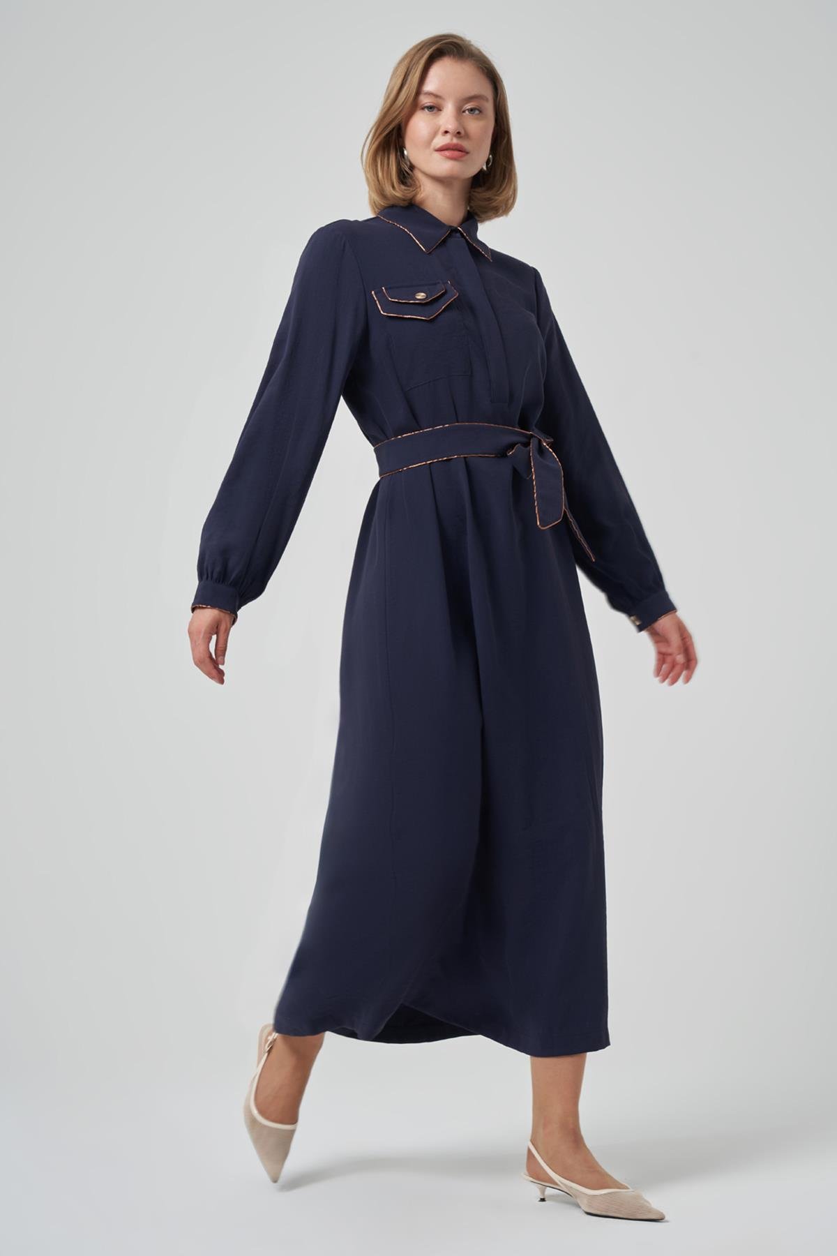 Cep Detay Kuşaklı Elbise 2005 Lacivert