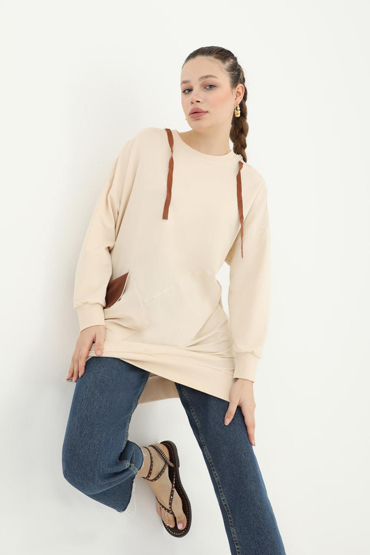 Cep Detaylı Sweat Tunik 10418 Bej