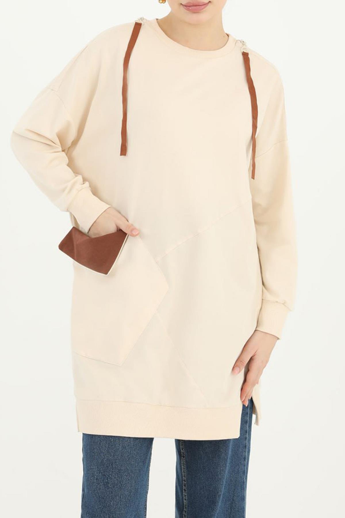Cep Detaylı Sweat Tunik 10418 Bej
