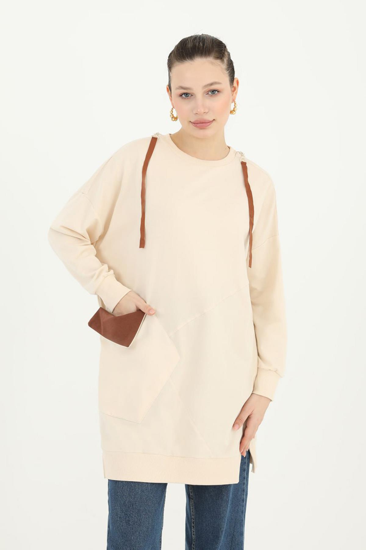 Cep Detaylı Sweat Tunik 10418 Bej