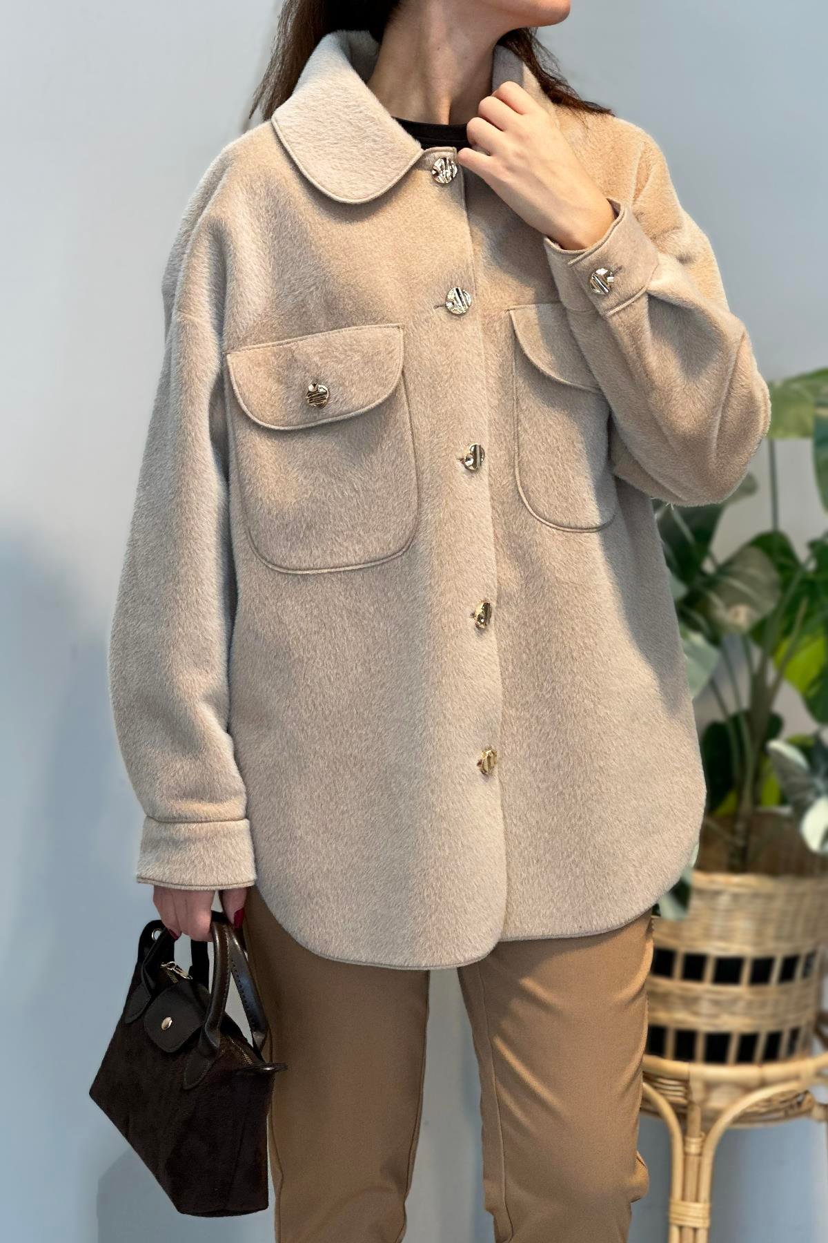 Cep ve Düğme Detaylı Ceket 35851 Bej