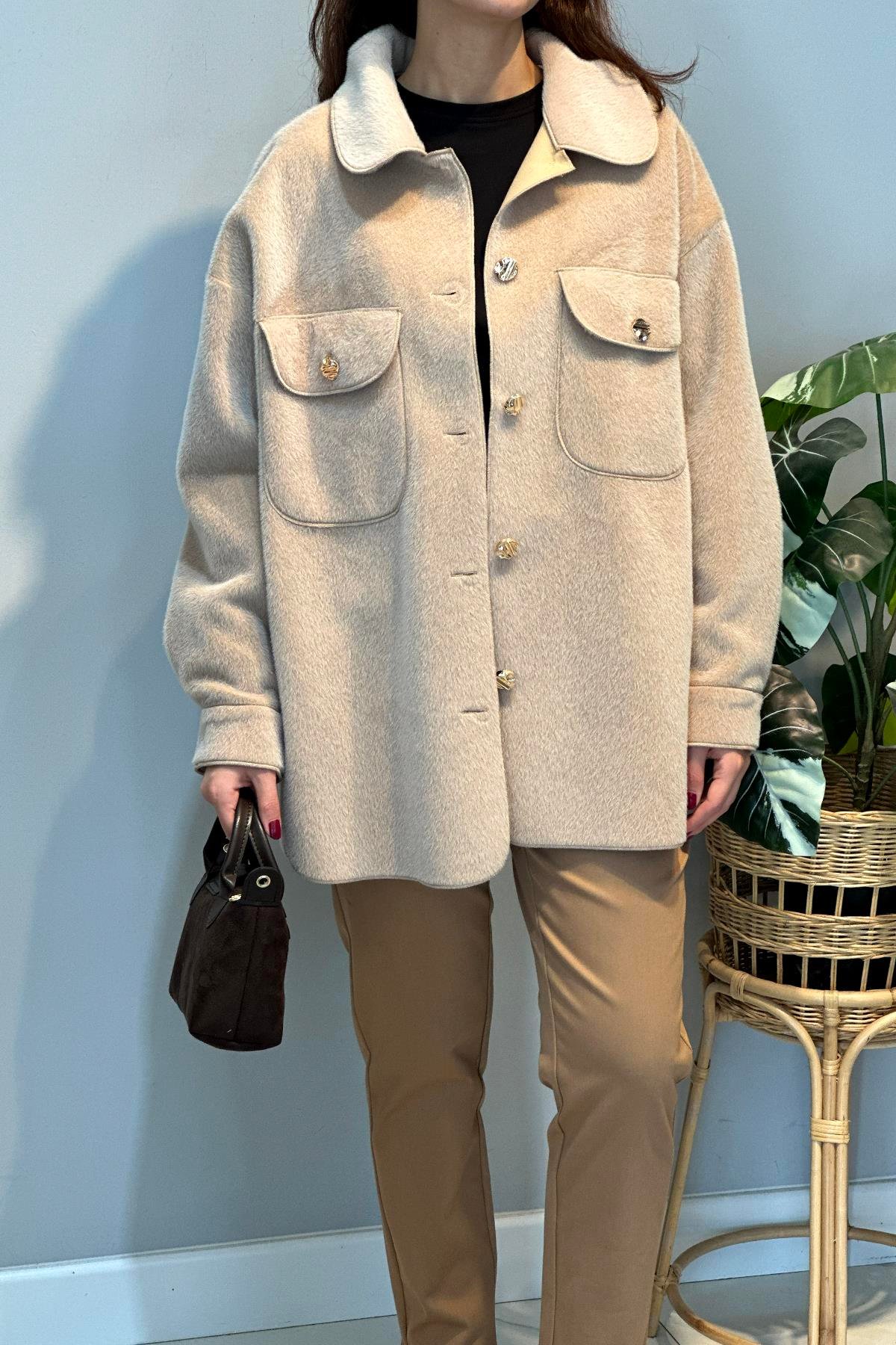 Cep ve Düğme Detaylı Ceket 35851 Bej