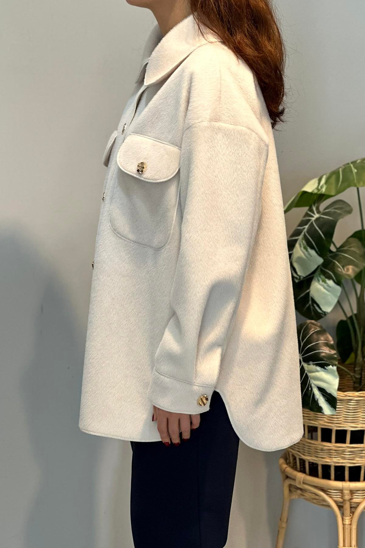 Cep ve Düğme Detaylı Ceket 35851 Ekru