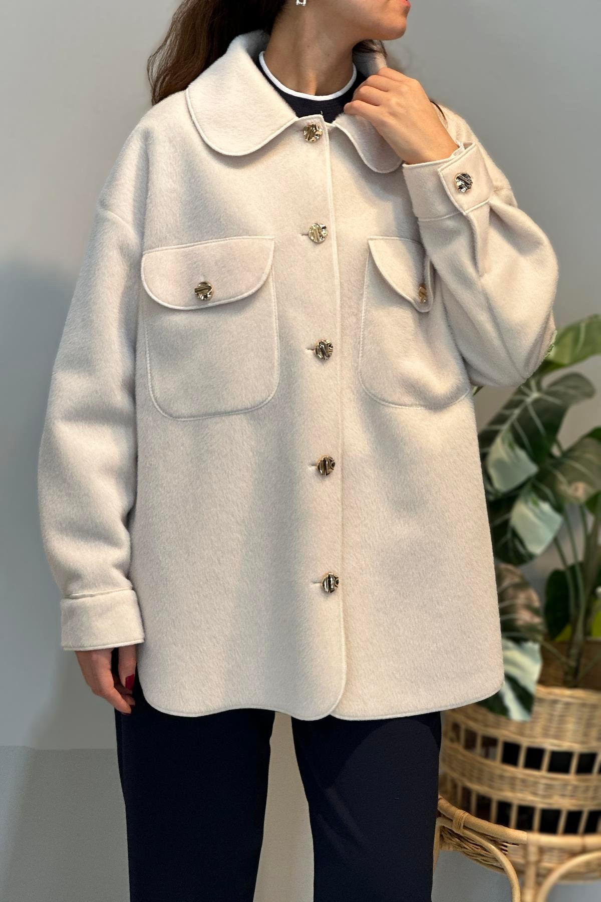 Cep ve Düğme Detaylı Ceket 35851 Ekru