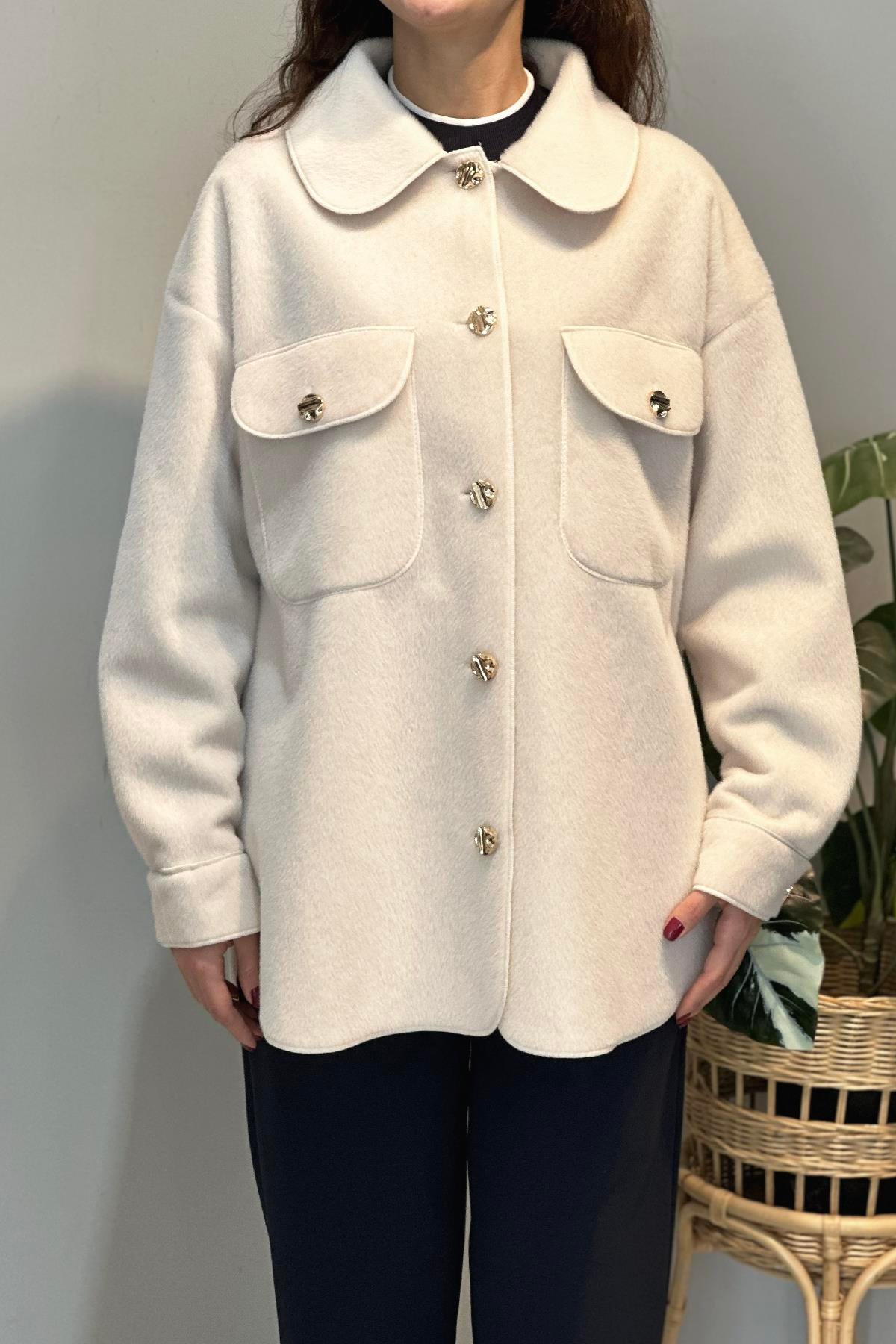 Cep ve Düğme Detaylı Ceket 35851 Ekru