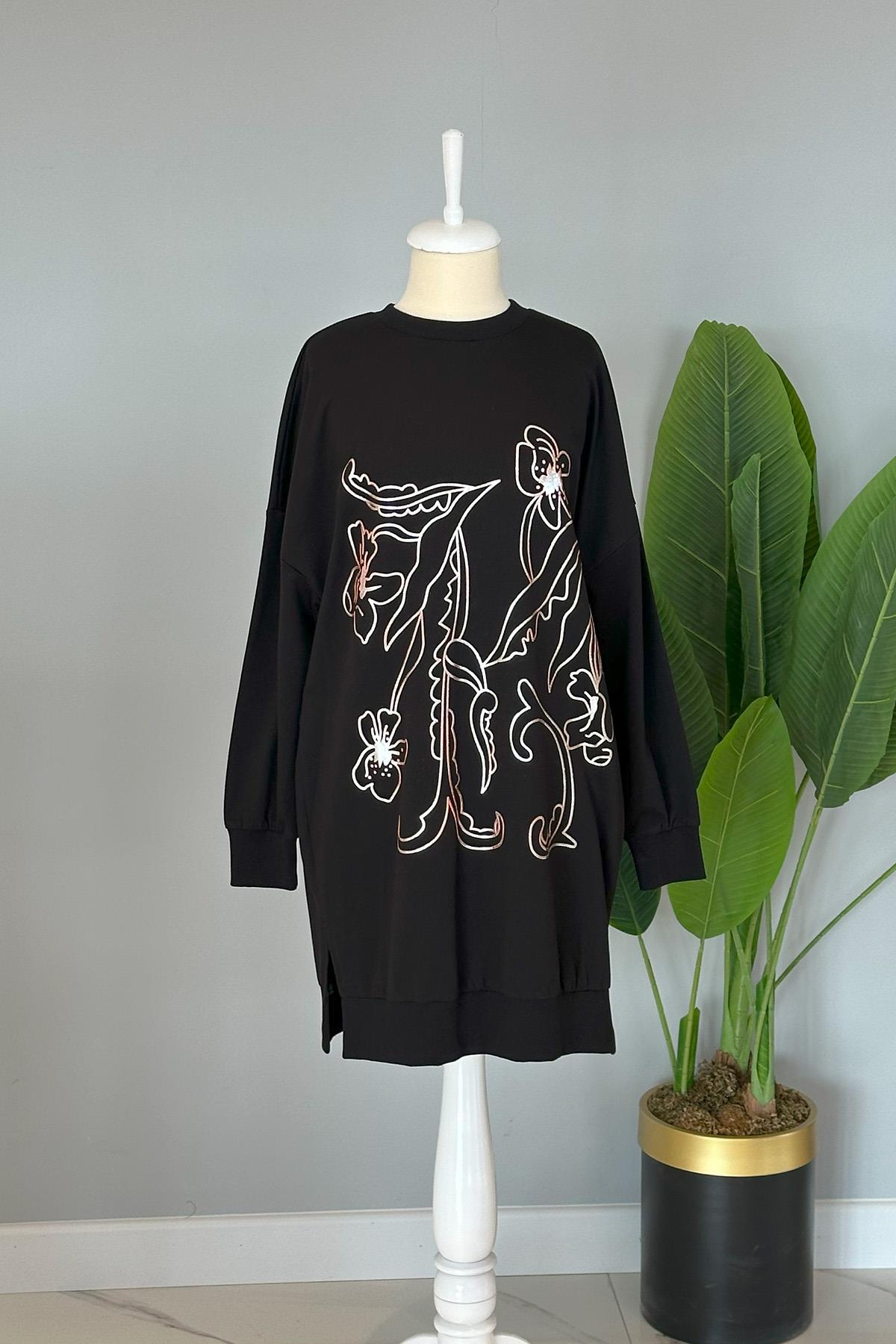Çiçek Kabartmalı Basic Tunik Sweat 10448 Siyah
