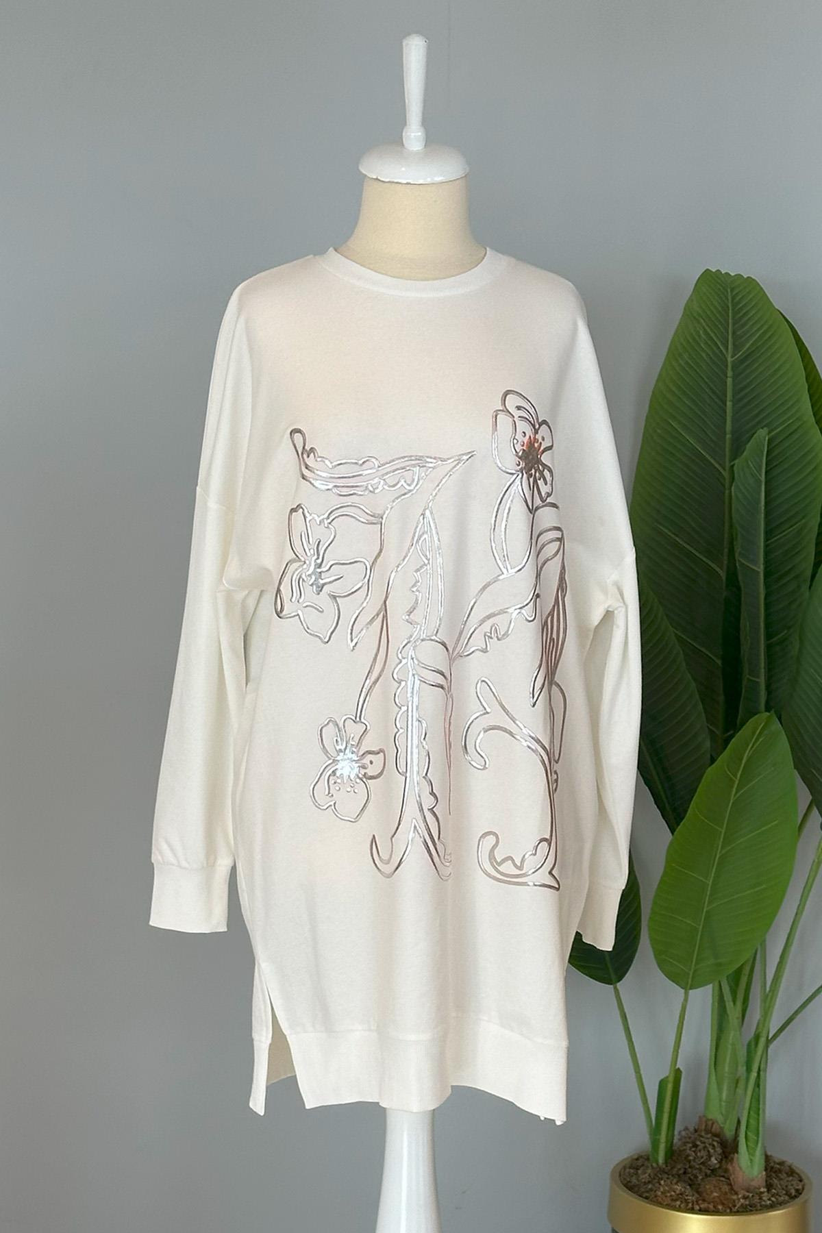Çiçek Kabartmalı Basic Tunik Sweat 10448 Ekru