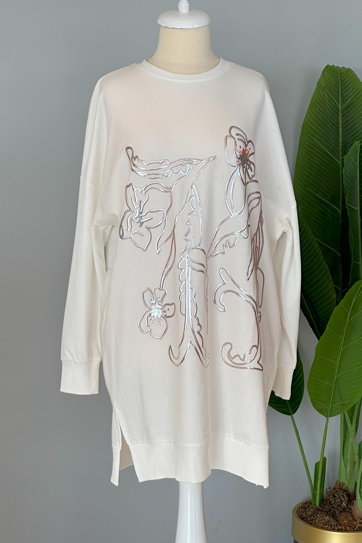 Çiçek Kabartmalı Basic Tunik Sweat 10448 Ekru