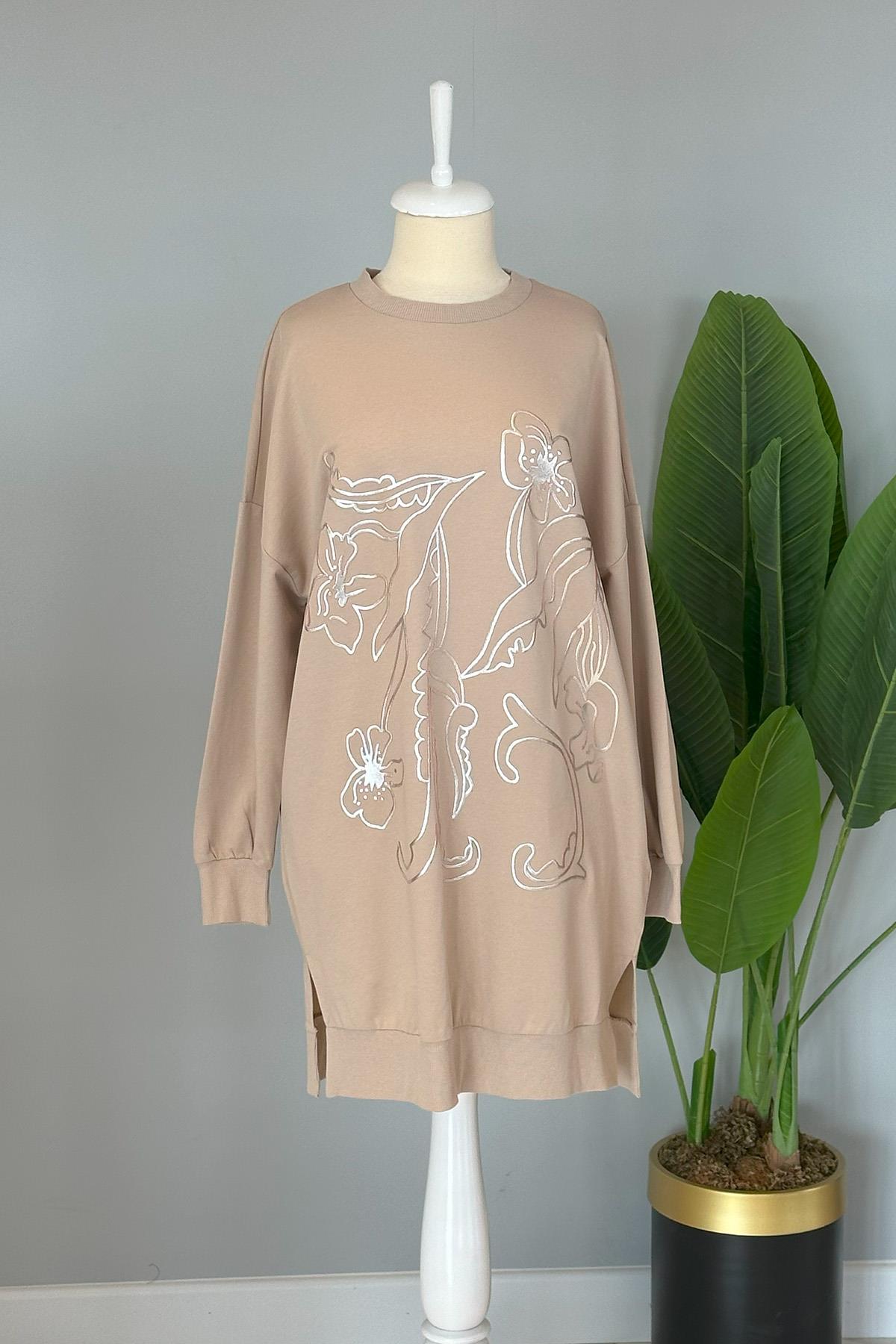 Çiçek Kabartmalı Basic Tunik Sweat 10448 Bej