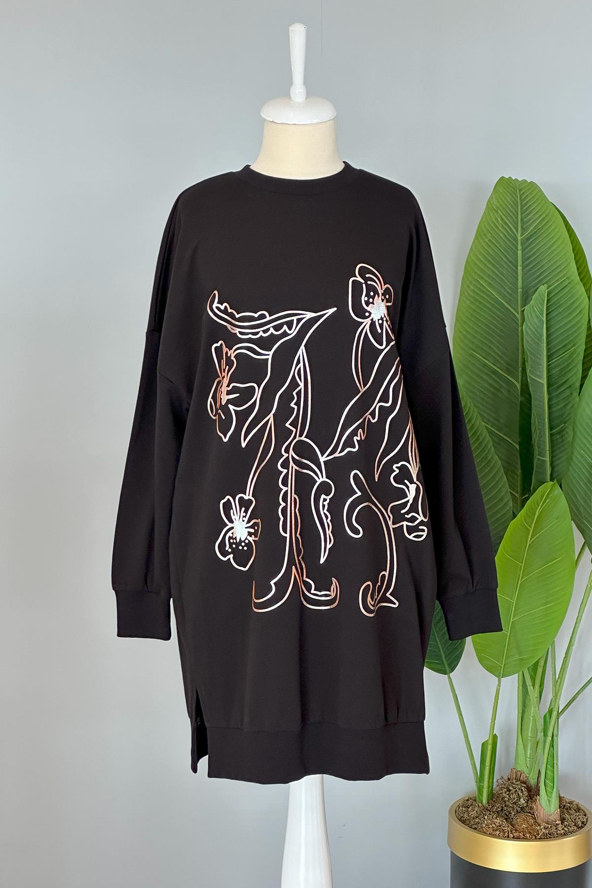 Çiçek Kabartmalı Basic Tunik Sweat 10448 Siyah