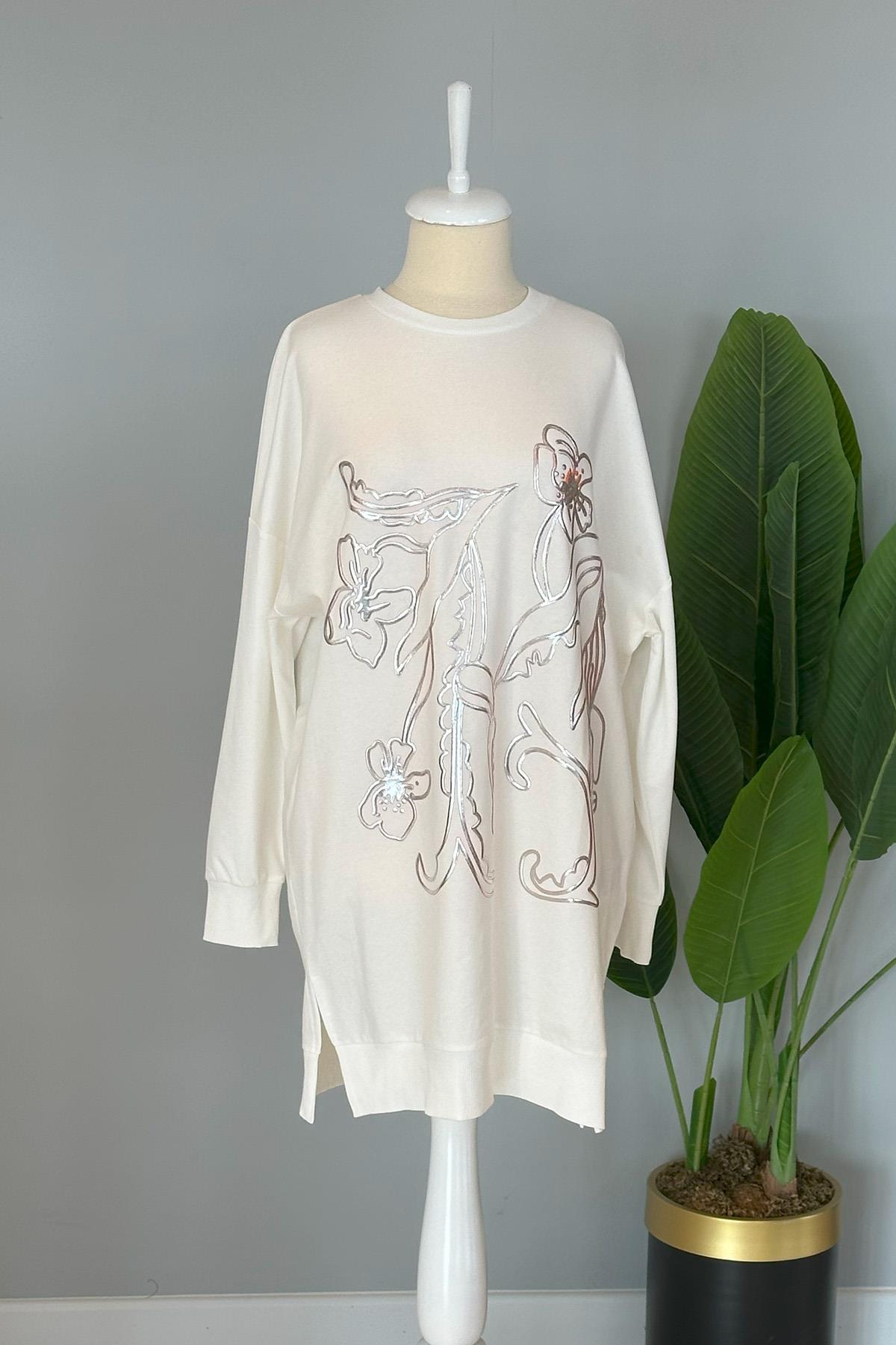 Çiçek Kabartmalı Basic Tunik Sweat 10448 Ekru