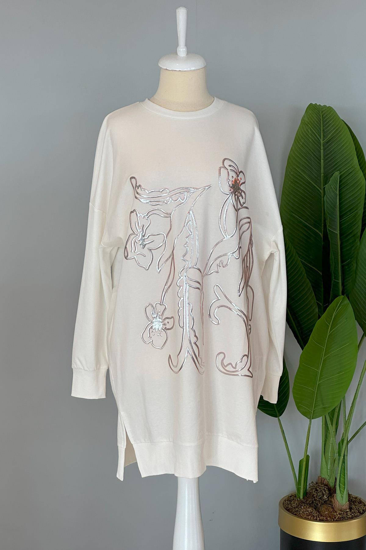 Çiçek Kabartmalı Basic Tunik Sweat 10448 Ekru