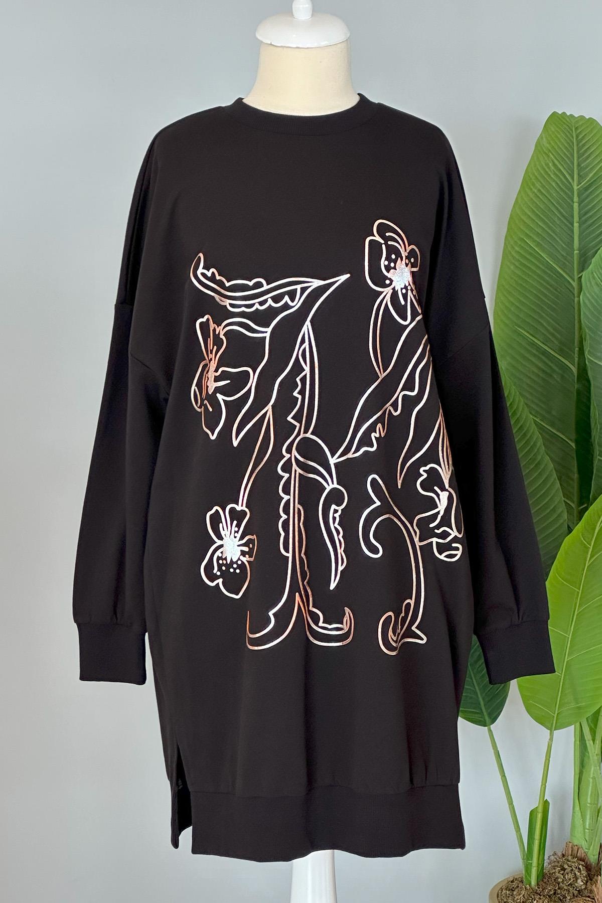 Çiçek Kabartmalı Basic Tunik Sweat 10448 Siyah