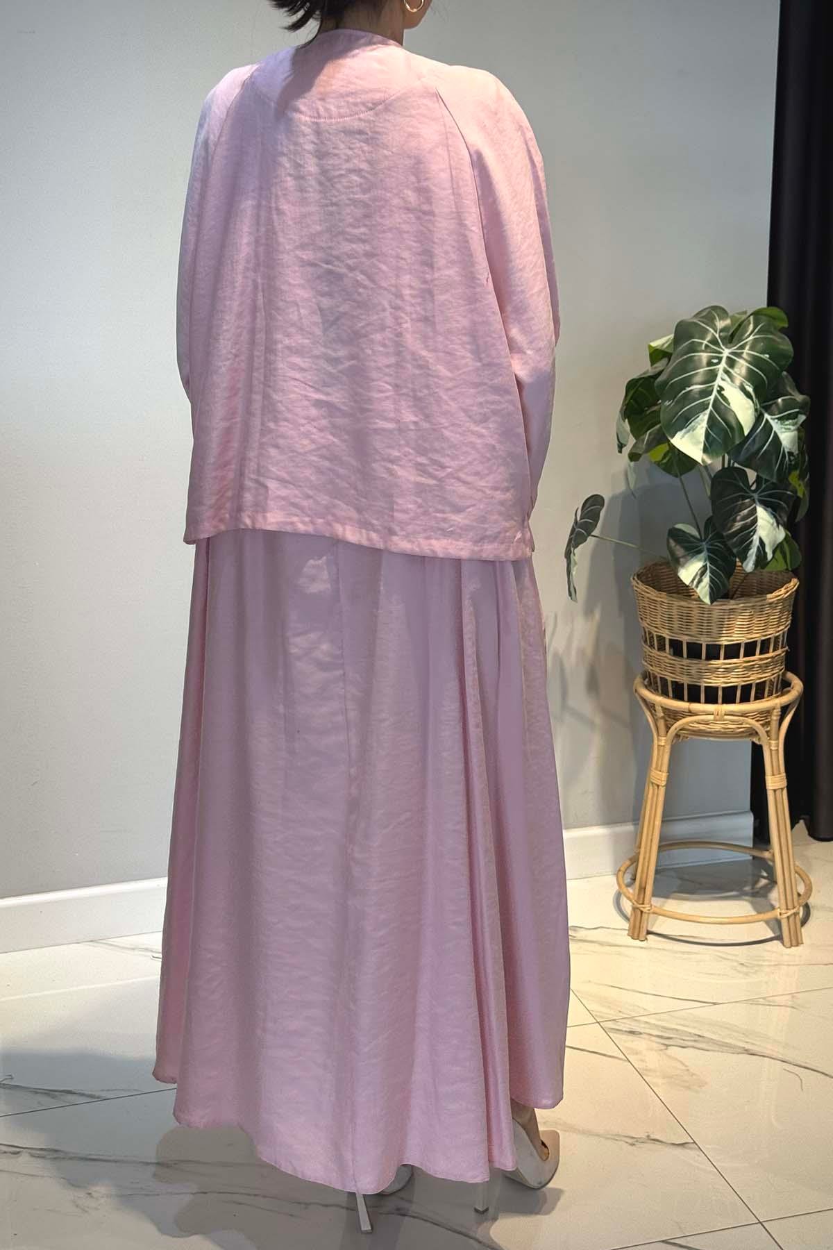 Çiçek ve Nervür Detay Elbiseli Takım 5961 Pembe