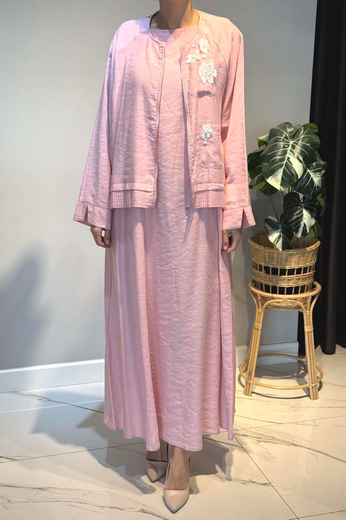 Çiçek ve Nervür Detay Elbiseli Takım 5961 Pembe