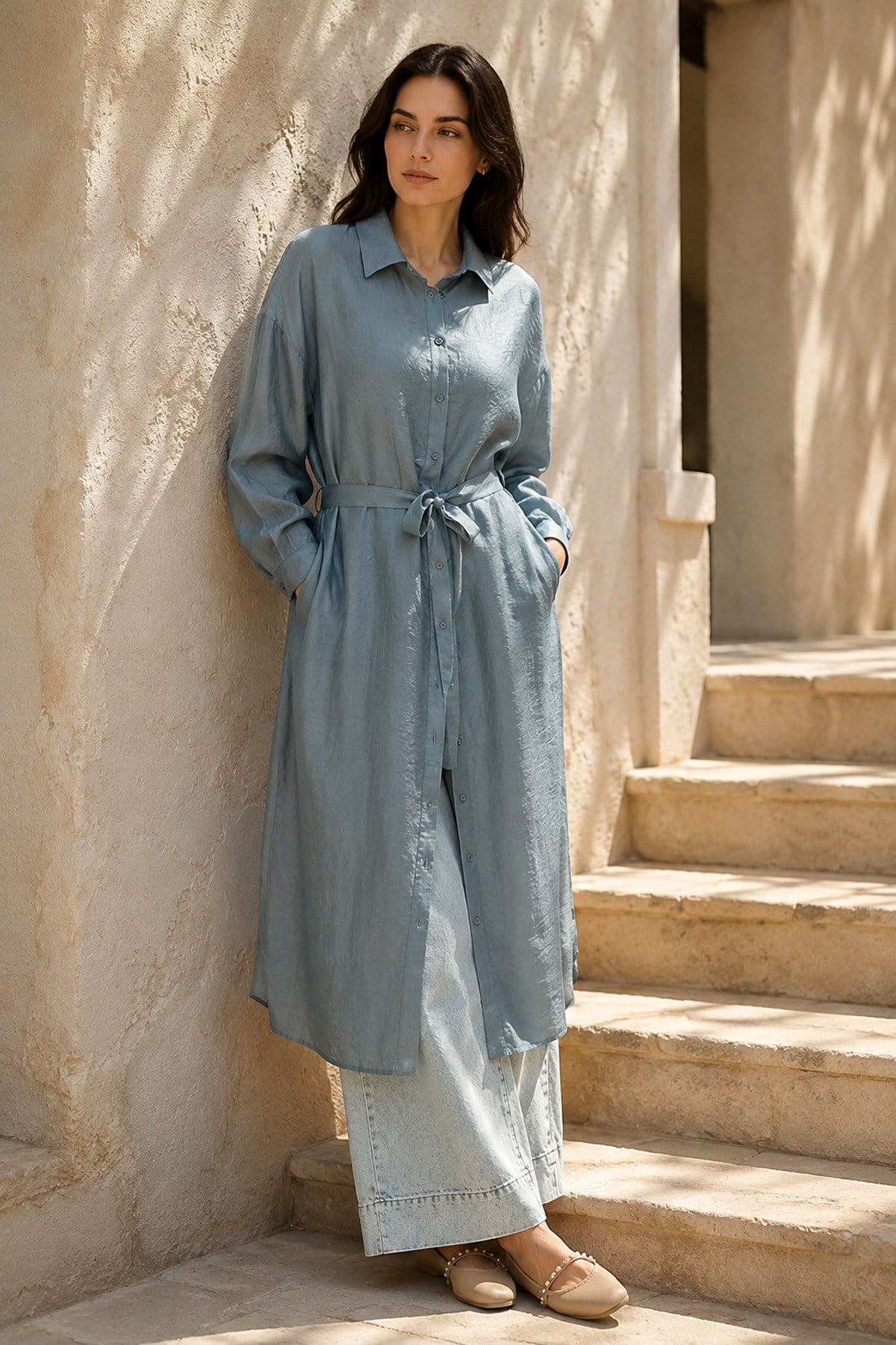 Çift Katlı Kuşaklı Nil Tunik 165 Mavi