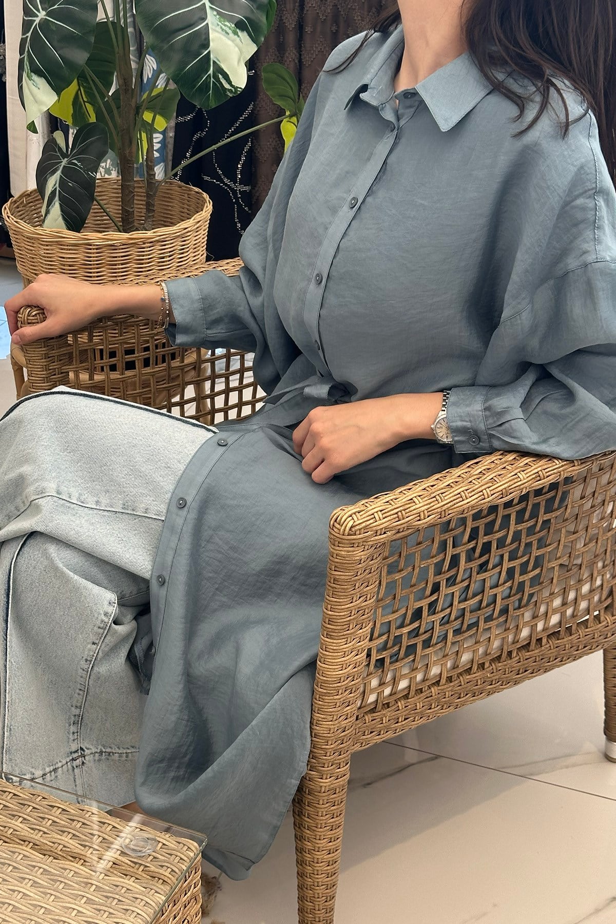 Çift Katlı Kuşaklı Nil Tunik 165 Mavi