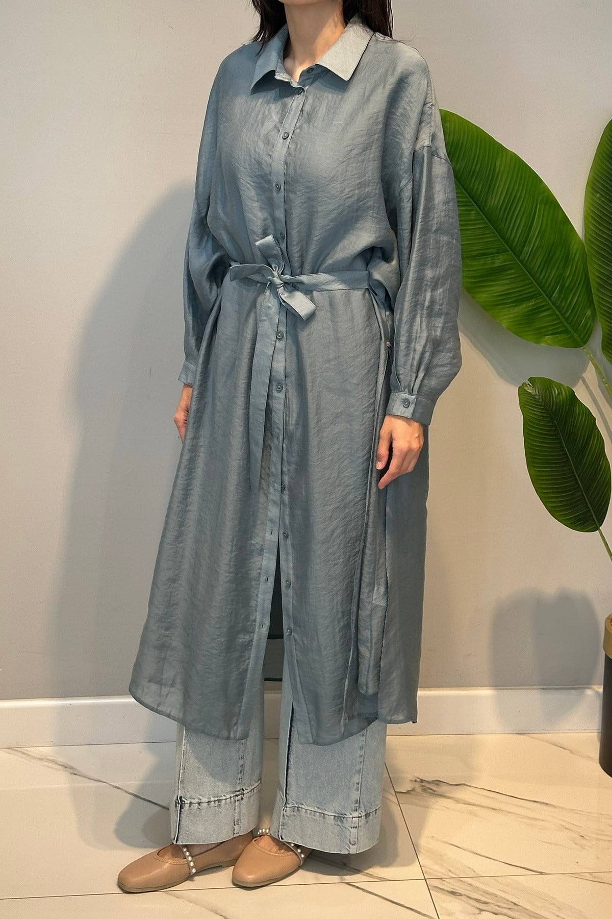 Çift Katlı Kuşaklı Nil Tunik 165 Mavi